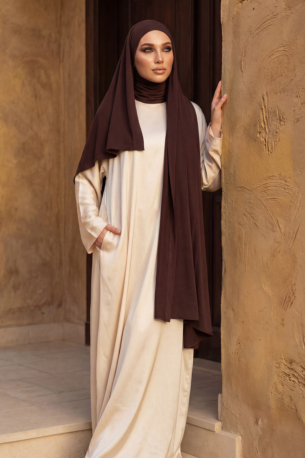 Neck-Covering Jersey Hijab with Built-In Niqab and Undercap, Premium Jersey Hijab with Integrated Bonnet and Face Veil,PS-58 Brown