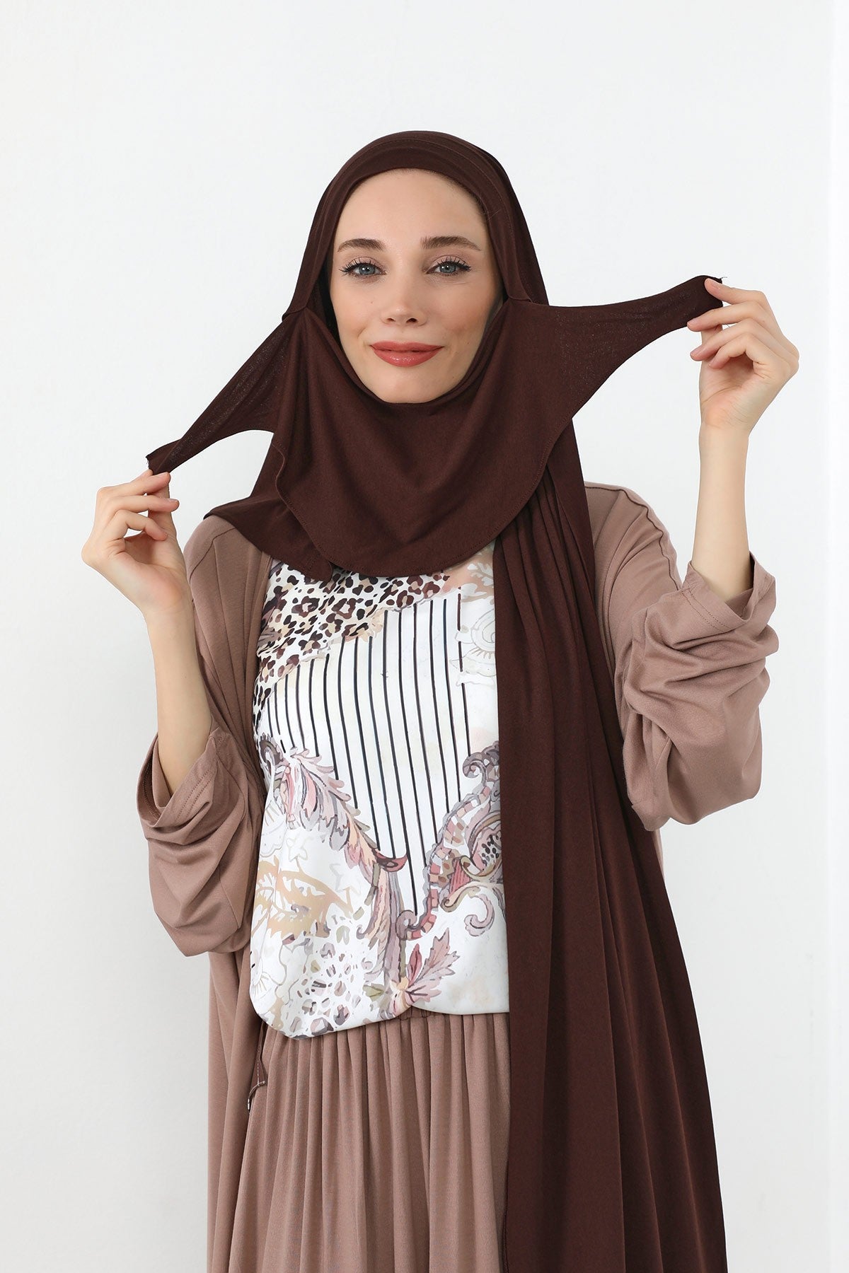 Neck-Covering Jersey Hijab with Built-In Niqab and Undercap, Premium Jersey Hijab with Integrated Bonnet and Face Veil,PS-58 Brown