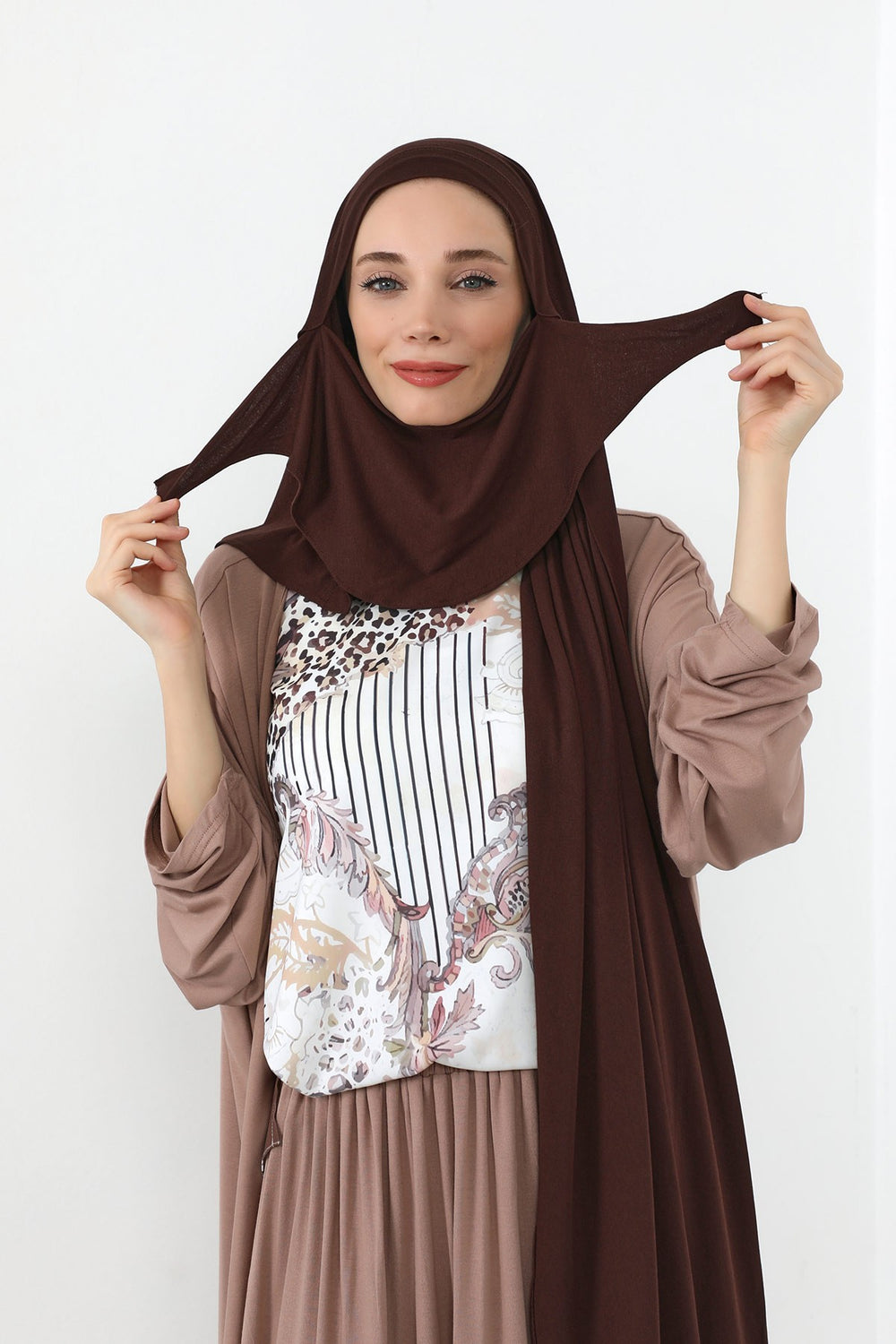 Neck-Covering Jersey Hijab with Built-In Niqab and Undercap, Premium Jersey Hijab with Integrated Bonnet and Face Veil,PS-58 Brown