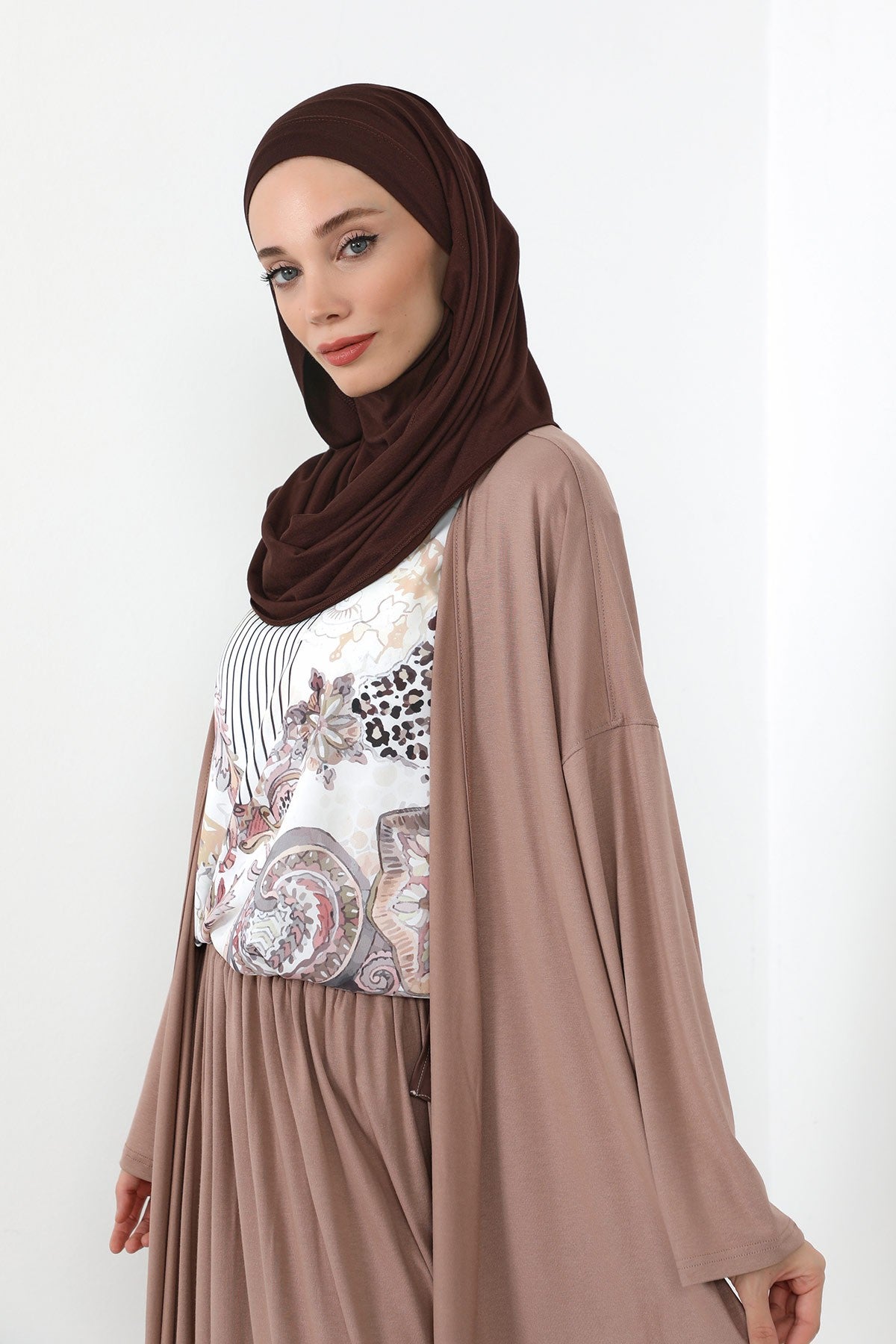 Neck-Covering Jersey Hijab with Built-In Niqab and Undercap, Premium Jersey Hijab with Integrated Bonnet and Face Veil,PS-58 Brown
