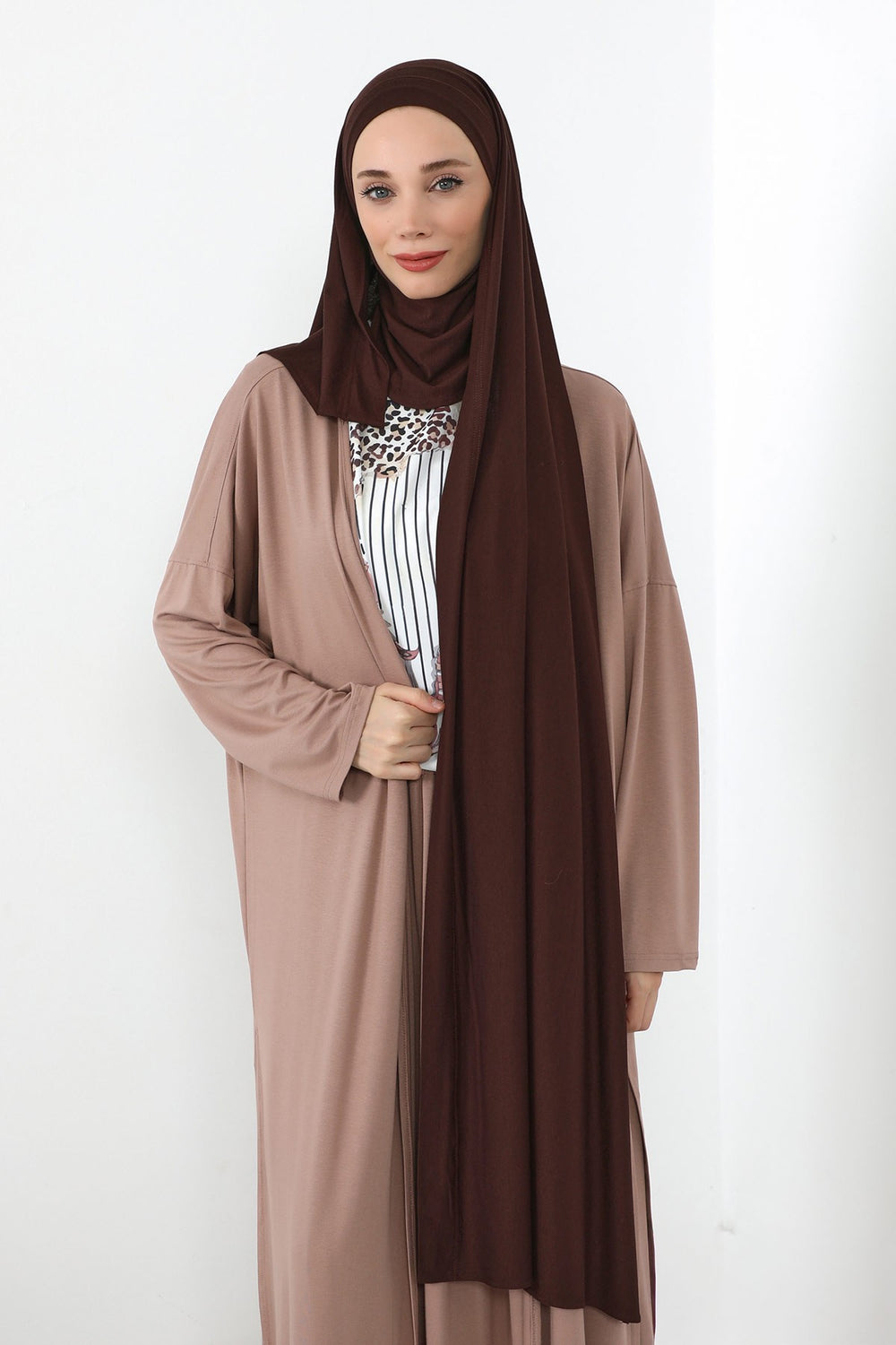 Neck-Covering Jersey Hijab with Built-In Niqab and Undercap, Premium Jersey Hijab with Integrated Bonnet and Face Veil,PS-58 Brown