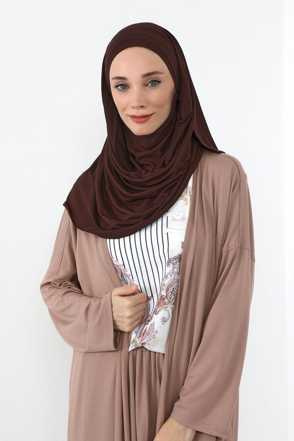 Neck-Covering Jersey Hijab with Built-In Niqab and Undercap, Premium Jersey Hijab with Integrated Bonnet and Face Veil,PS-58 Brown