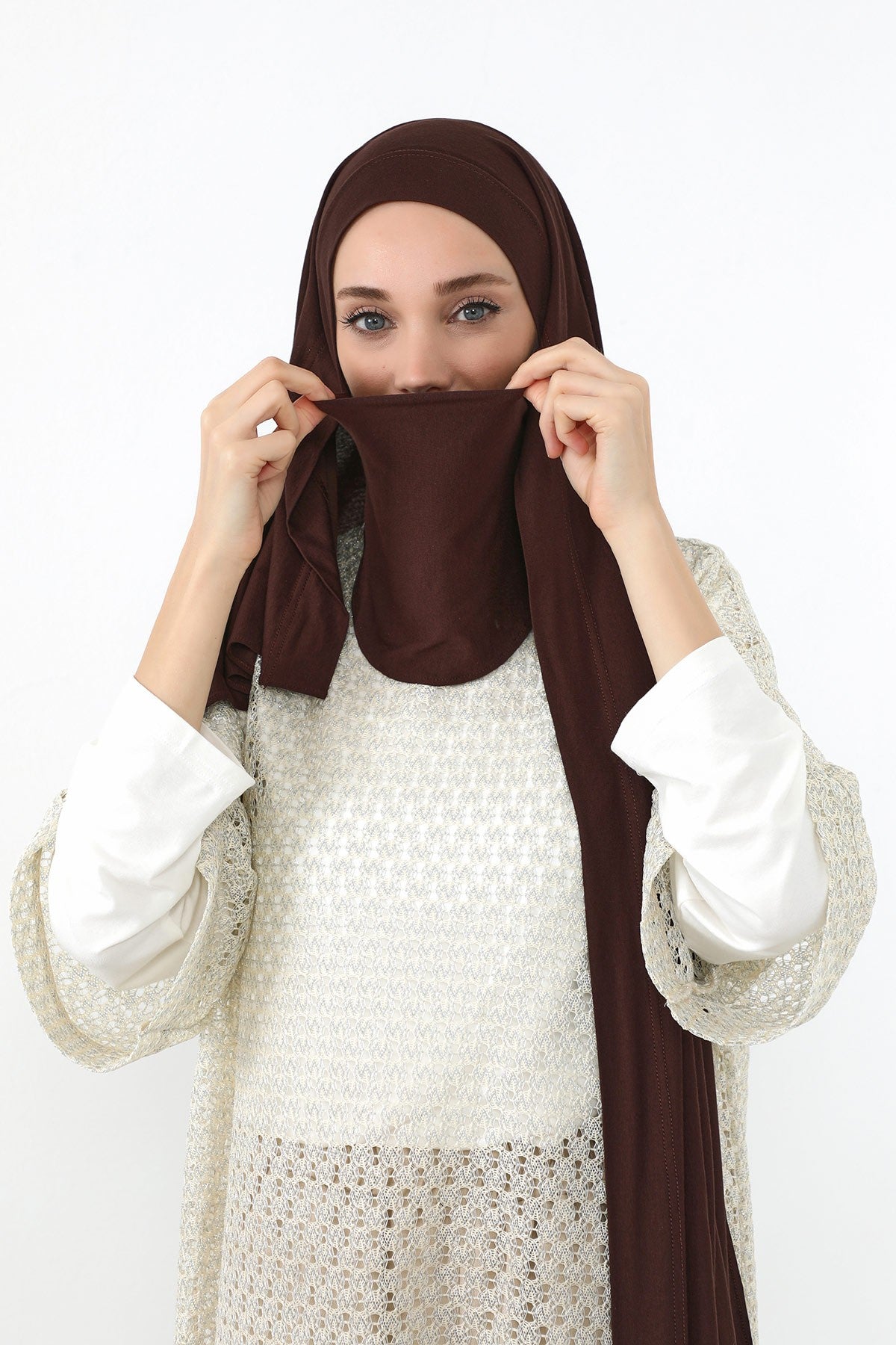Neck-Covering Jersey Hijab with Built-In Niqab and Undercap, Premium Jersey Hijab with Integrated Bonnet and Face Veil,PS-58 Brown