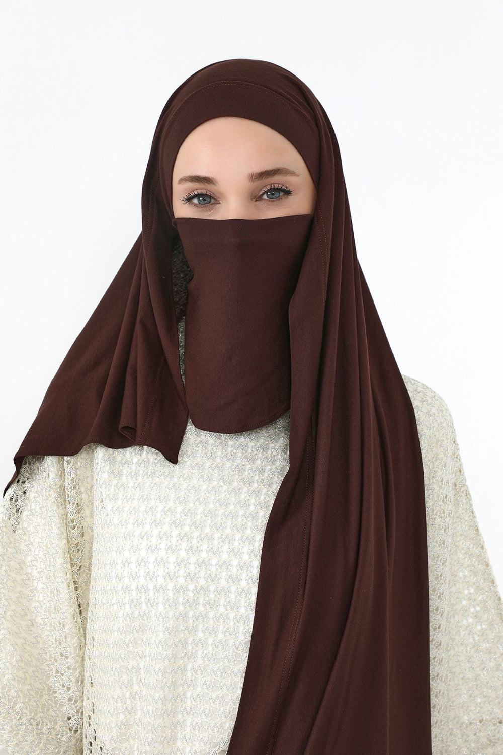 Neck-Covering Jersey Hijab with Built-In Niqab and Undercap, Premium Jersey Hijab with Integrated Bonnet and Face Veil,PS-58 Brown