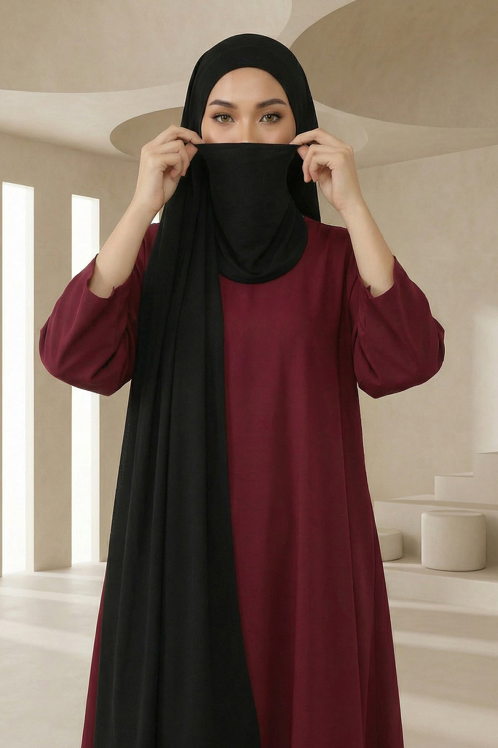 Neck-Covering Jersey Hijab with Built-In Niqab and Undercap, Premium Jersey Hijab with Integrated Bonnet and Face Veil,PS-58 Black