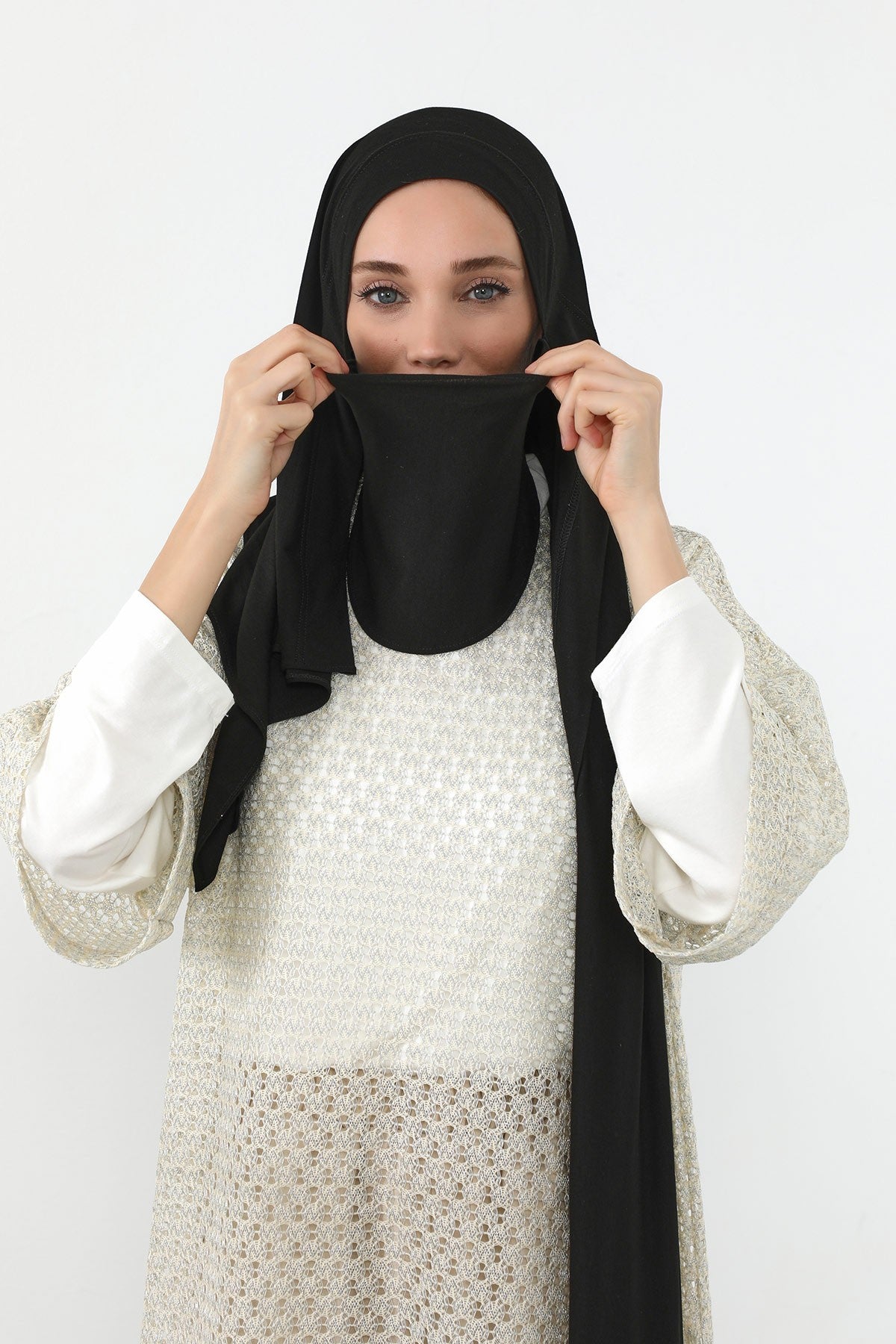 Neck-Covering Jersey Hijab with Built-In Niqab and Undercap, Premium Jersey Hijab with Integrated Bonnet and Face Veil,PS-58 Black