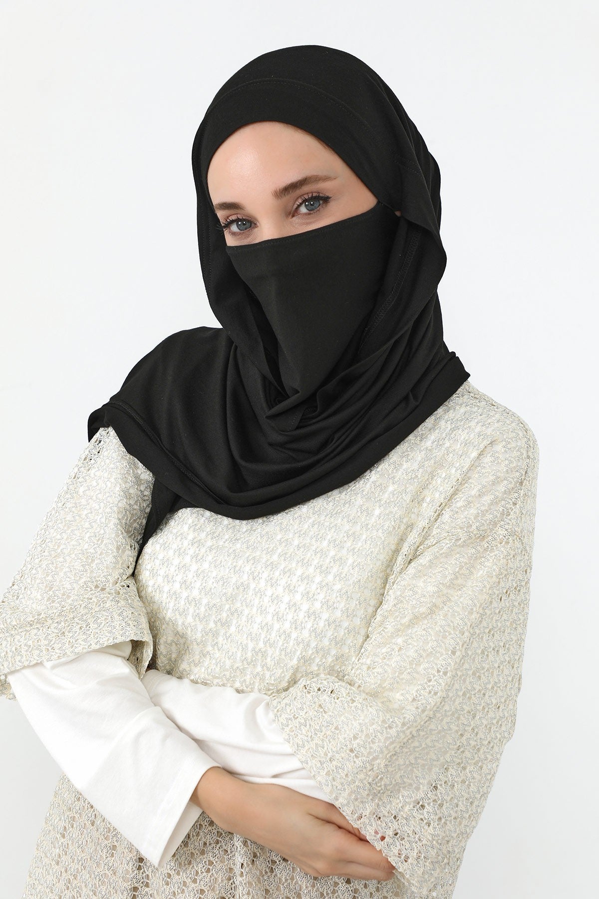 Neck-Covering Jersey Hijab with Built-In Niqab and Undercap, Premium Jersey Hijab with Integrated Bonnet and Face Veil,PS-58 Black