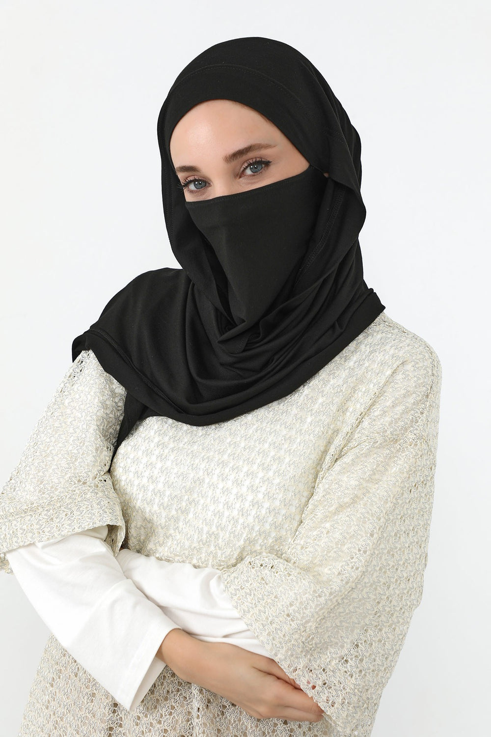 Neck-Covering Jersey Hijab with Built-In Niqab and Undercap, Premium Jersey Hijab with Integrated Bonnet and Face Veil,PS-58 Black