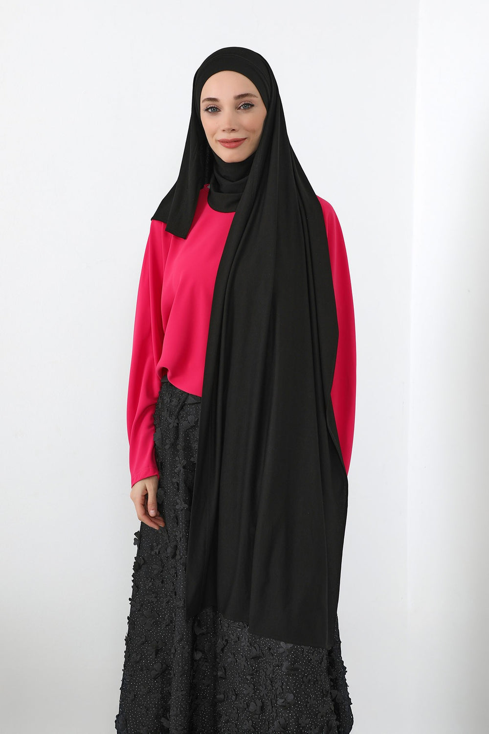 Neck-Covering Jersey Hijab with Built-In Niqab and Undercap, Premium Jersey Hijab with Integrated Bonnet and Face Veil,PS-58 Black