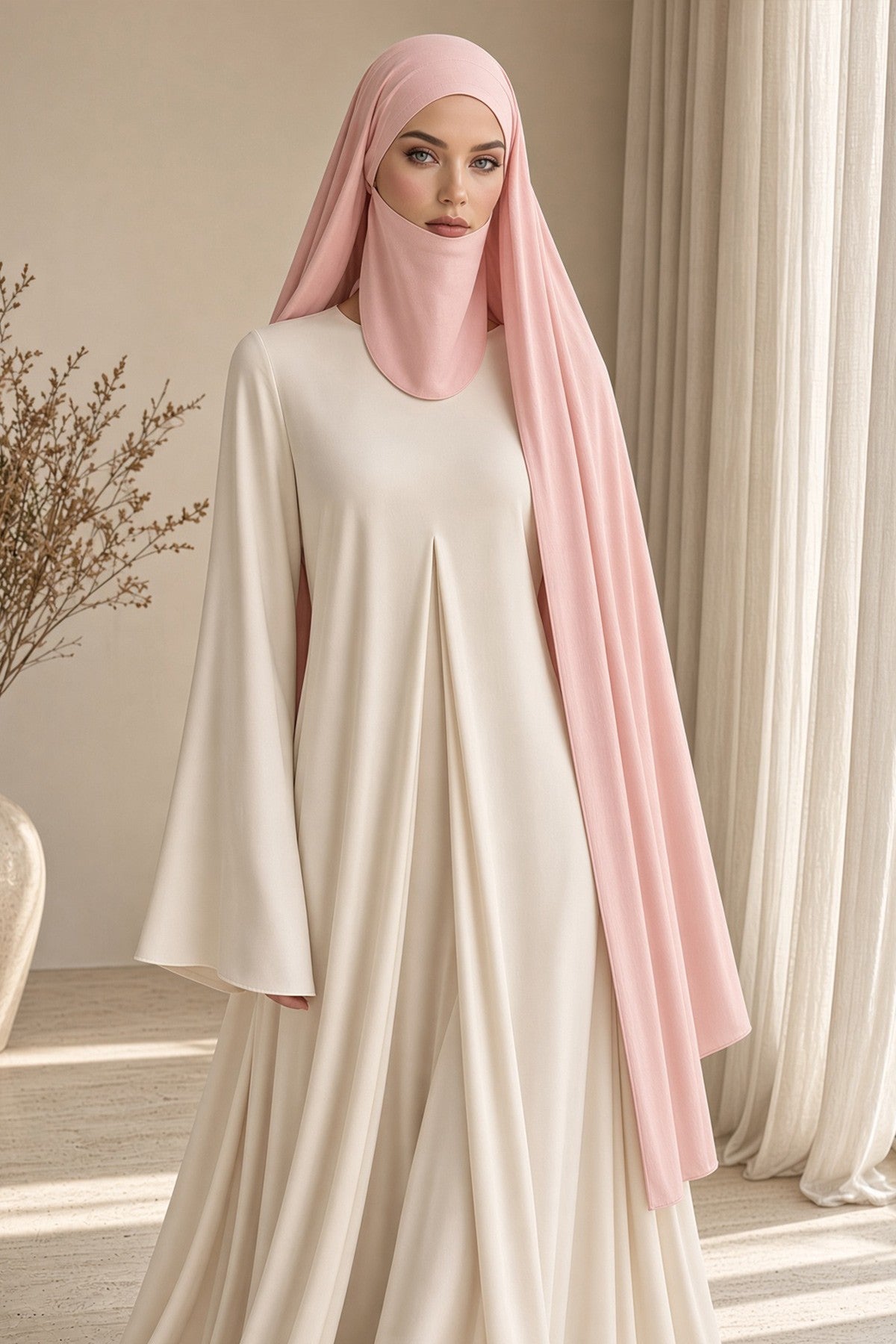 Neck-Covering Jersey Hijab with Built-In Niqab and Undercap, Premium Jersey Hijab with Integrated Bonnet and Face Veil,PS-58 Powder