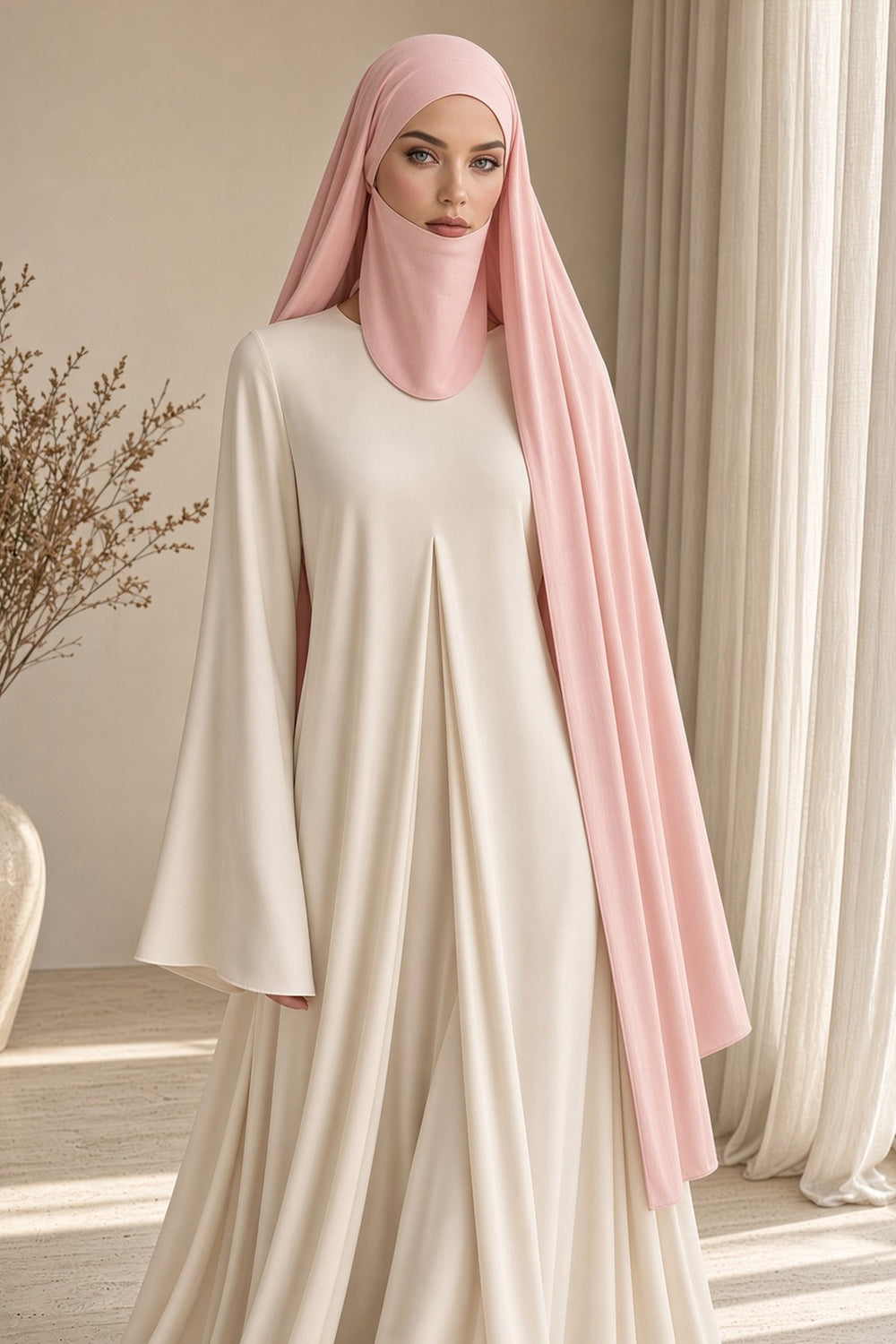 Neck-Covering Jersey Hijab with Built-In Niqab and Undercap, Premium Jersey Hijab with Integrated Bonnet and Face Veil,PS-58 Powder