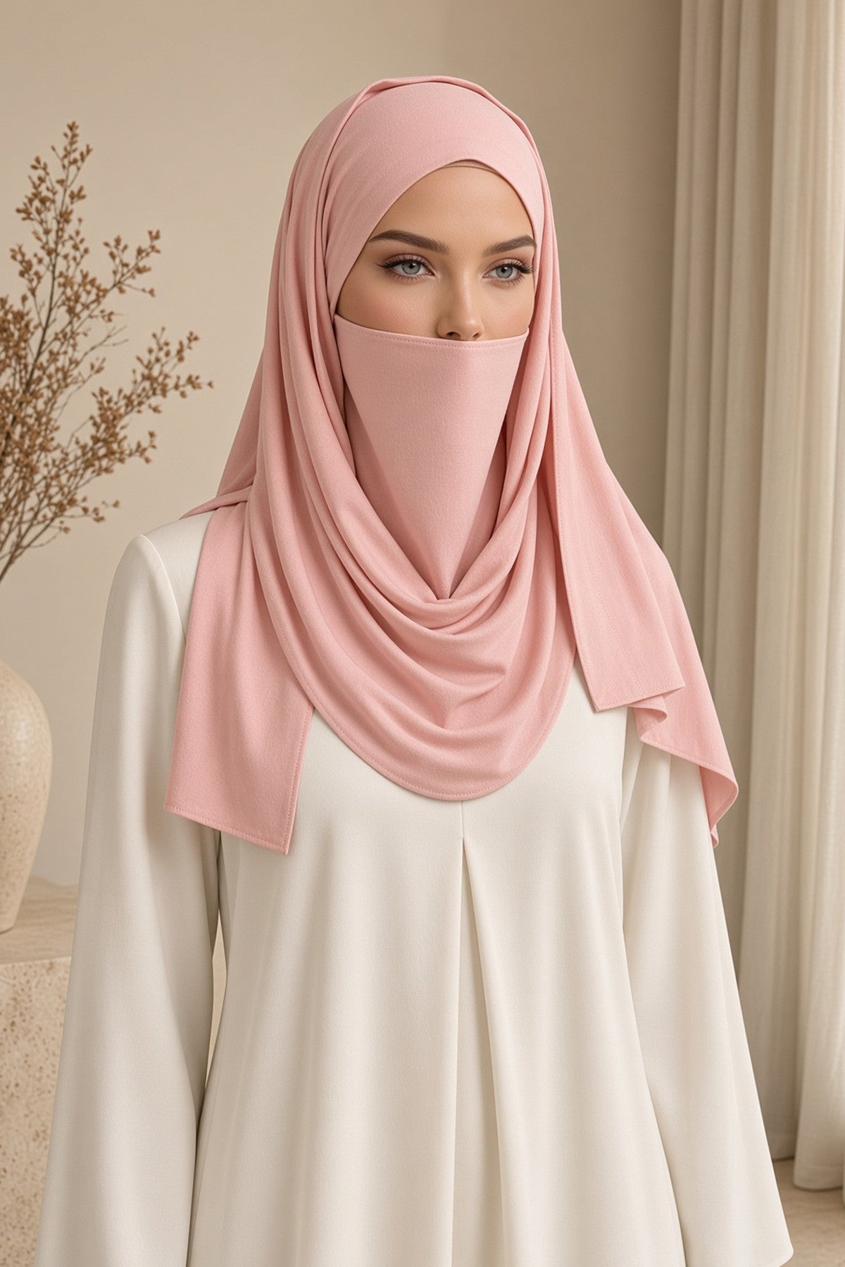 Neck-Covering Jersey Hijab with Built-In Niqab and Undercap, Premium Jersey Hijab with Integrated Bonnet and Face Veil,PS-58