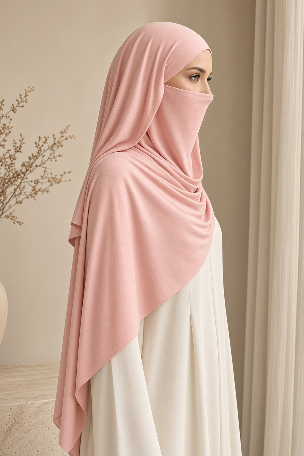 Neck-Covering Jersey Hijab with Built-In Niqab and Undercap, Premium Jersey Hijab with Integrated Bonnet and Face Veil,PS-58
