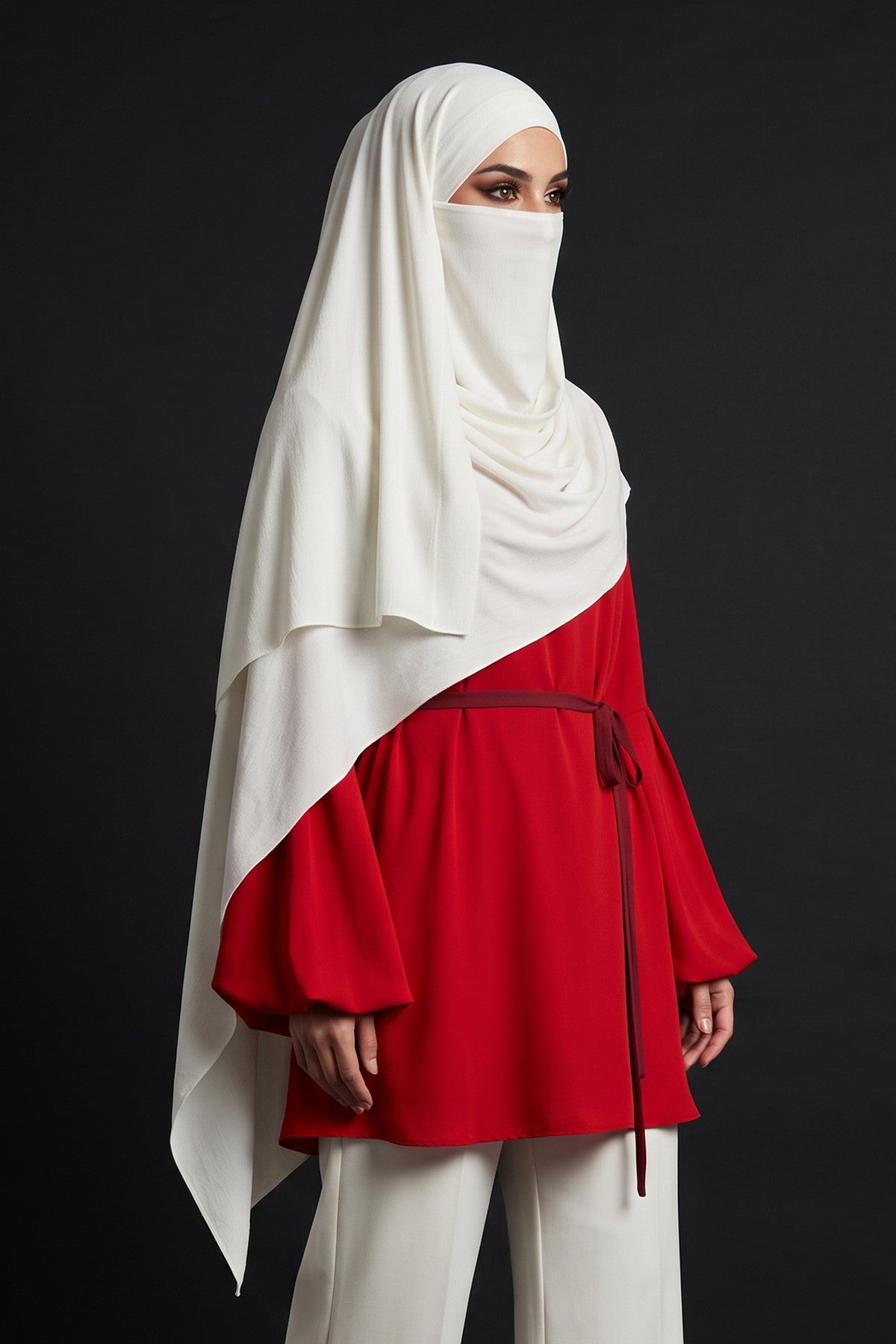 Neck-Covering Jersey Hijab with Built-In Niqab and Undercap, Premium Jersey Hijab with Integrated Bonnet and Face Veil,PS-58 Ivory