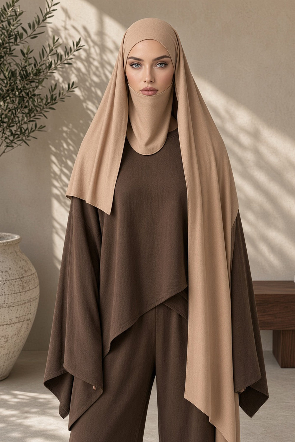 Neck-Covering Jersey Hijab with Built-In Niqab and Undercap, Premium Jersey Hijab with Integrated Bonnet and Face Veil,PS-58 Sand Brown