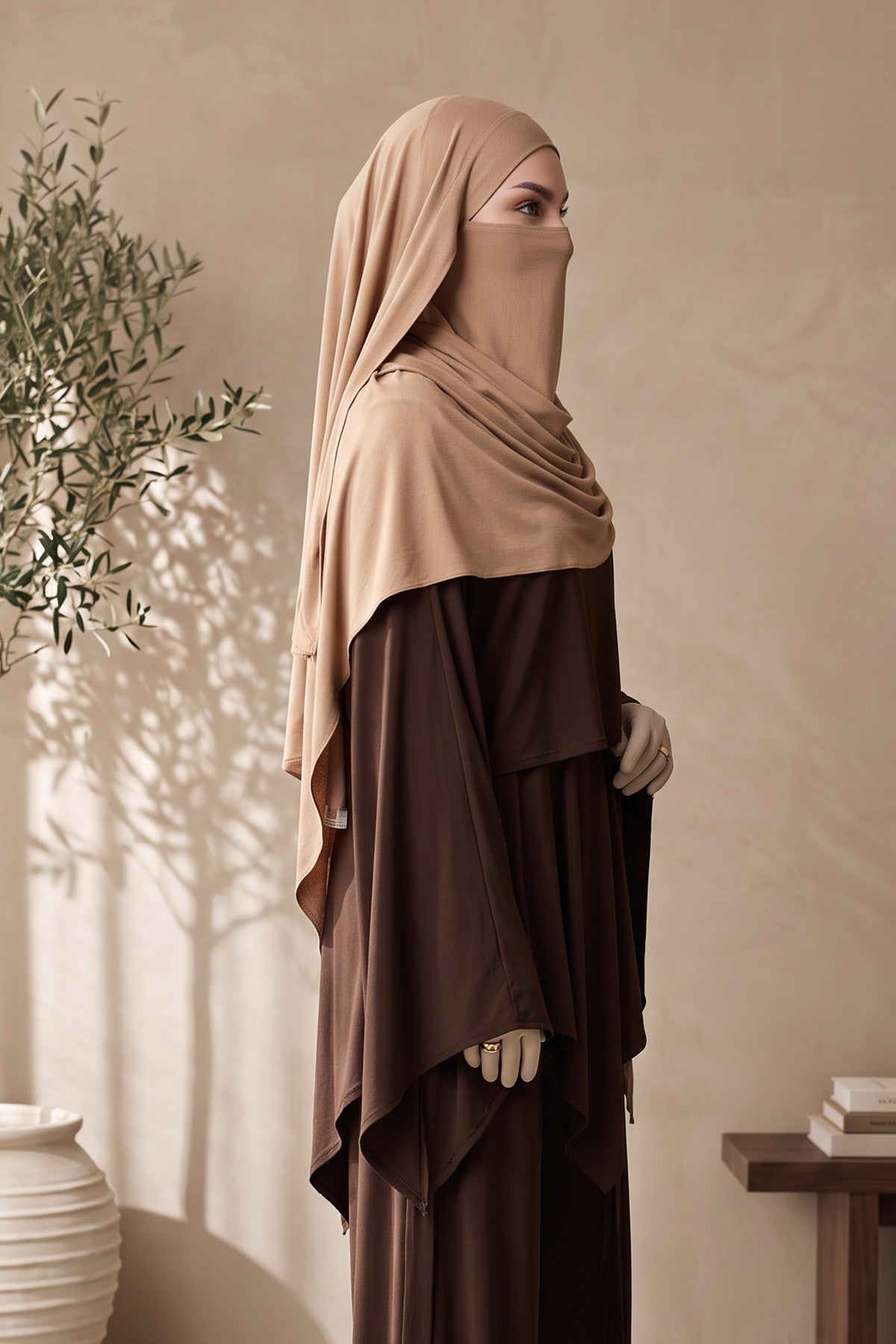 Neck-Covering Jersey Hijab with Built-In Niqab and Undercap, Premium Jersey Hijab with Integrated Bonnet and Face Veil,PS-58