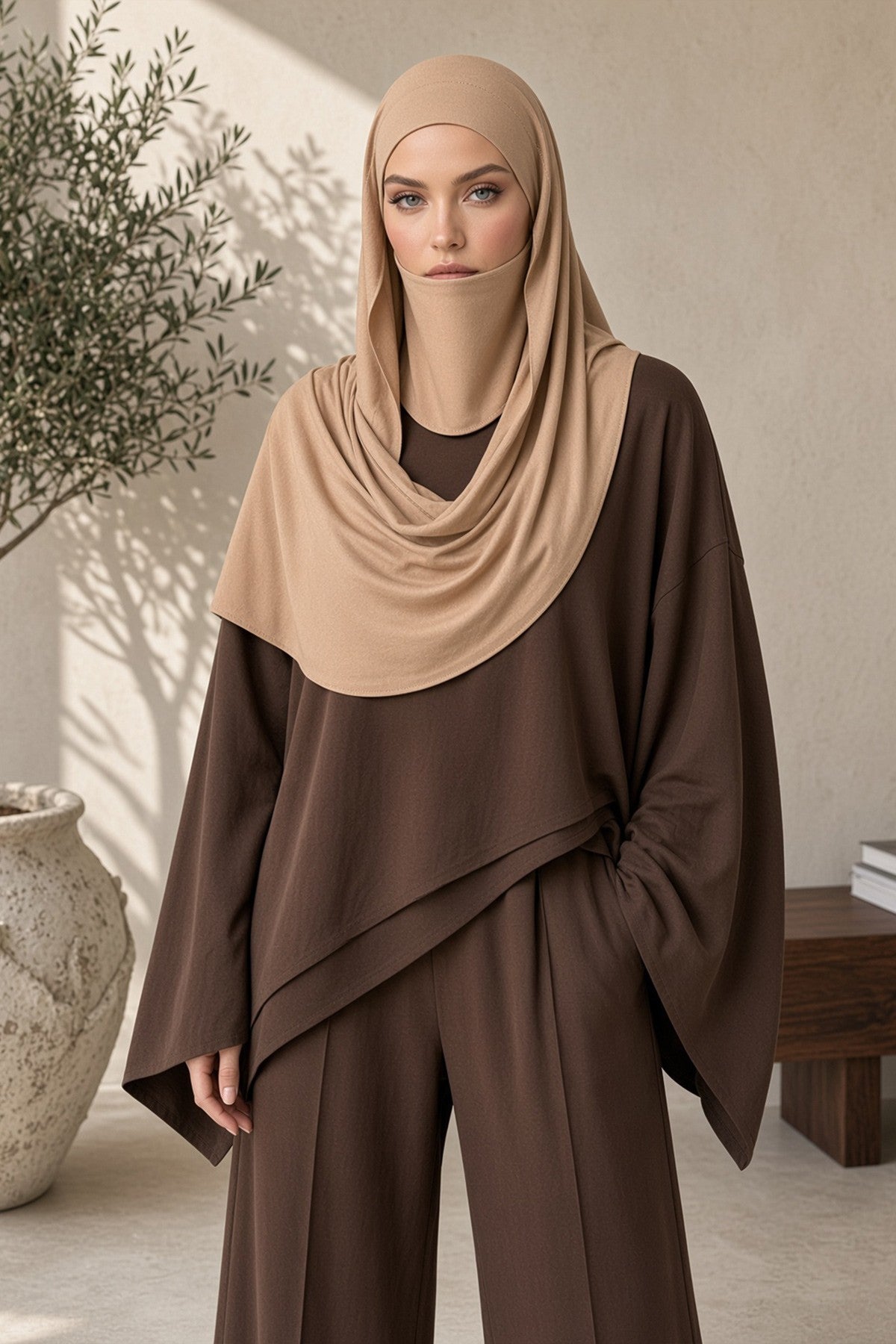 Neck-Covering Jersey Hijab with Built-In Niqab and Undercap, Premium Jersey Hijab with Integrated Bonnet and Face Veil,PS-58