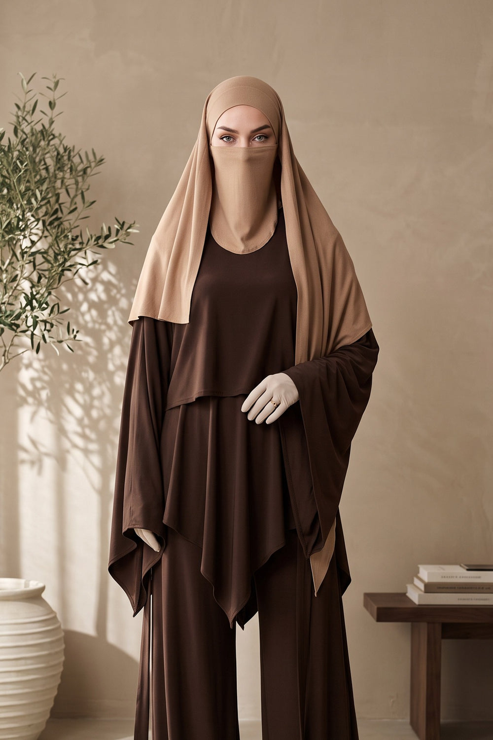 Neck-Covering Jersey Hijab with Built-In Niqab and Undercap, Premium Jersey Hijab with Integrated Bonnet and Face Veil,PS-58