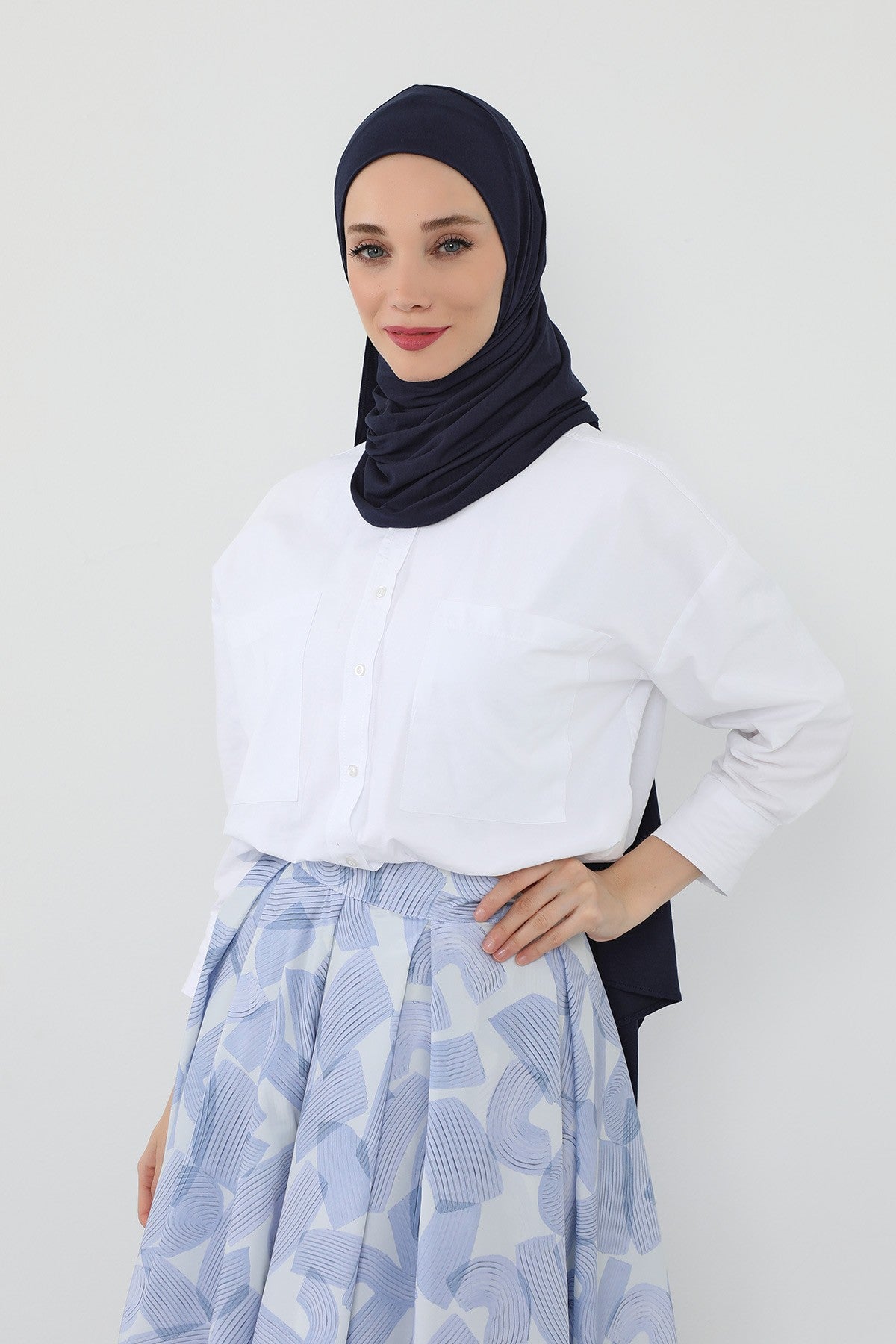 Neck-Covering Practical Jersey Hijab with Built-In Ninja Bonnet, Ready-to-Wear Hijab – Stretch Jersey Design with Integrated Undercap,PS-59 Navy Blue