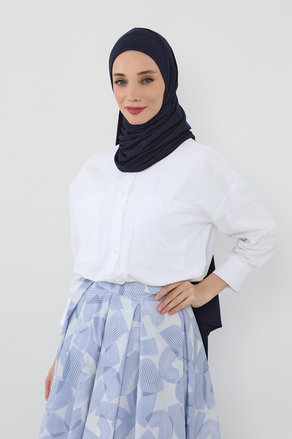 Neck-Covering Practical Jersey Hijab with Built-In Ninja Bonnet, Ready-to-Wear Hijab – Stretch Jersey Design with Integrated Undercap,PS-59 Navy Blue
