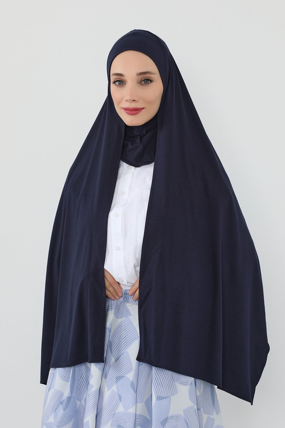 Neck-Covering Practical Jersey Hijab with Built-In Ninja Bonnet, Ready-to-Wear Hijab – Stretch Jersey Design with Integrated Undercap,PS-59 Navy Blue