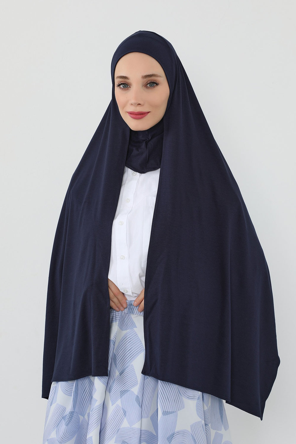 Neck-Covering Practical Jersey Hijab with Built-In Ninja Bonnet, Ready-to-Wear Hijab – Stretch Jersey Design with Integrated Undercap,PS-59 Navy Blue
