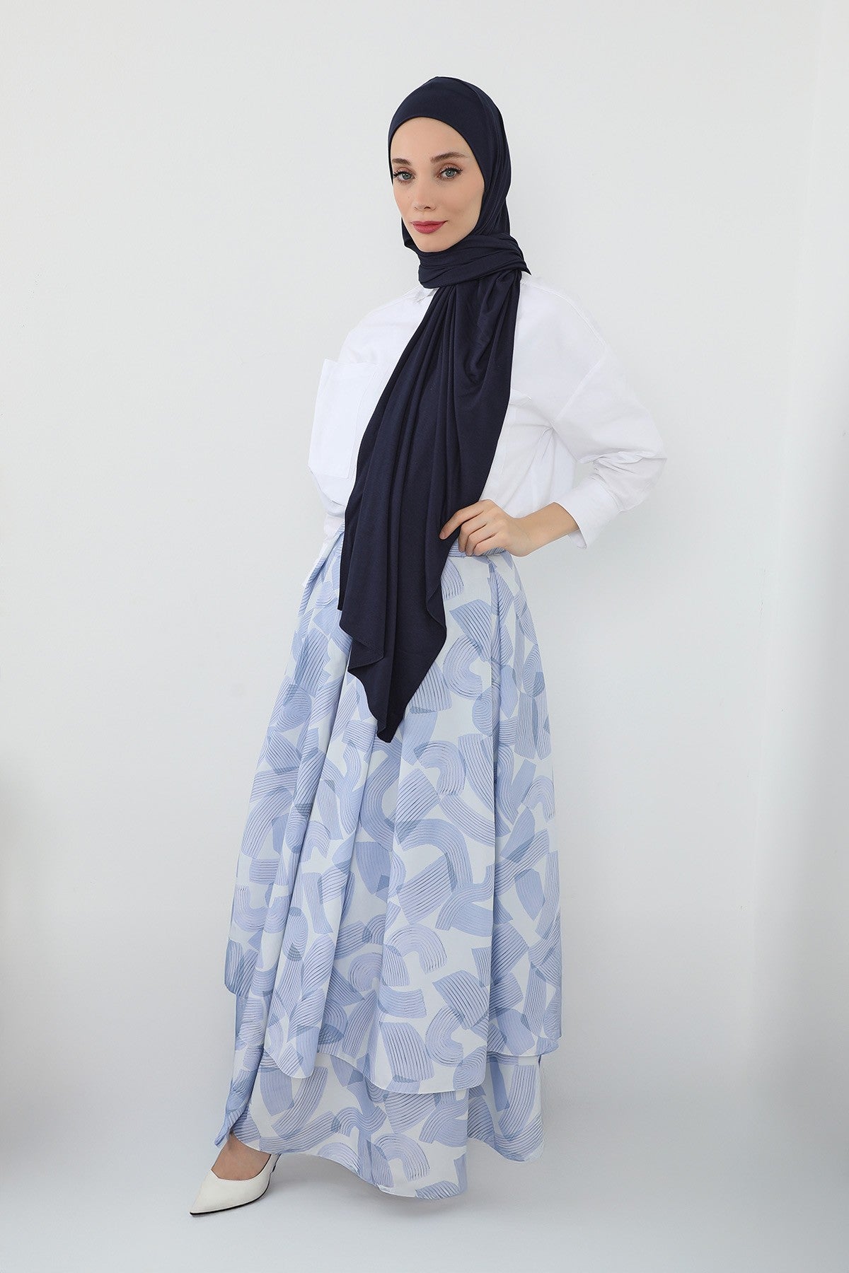 Neck-Covering Practical Jersey Hijab with Built-In Ninja Bonnet, Ready-to-Wear Hijab – Stretch Jersey Design with Integrated Undercap,PS-59 Navy Blue