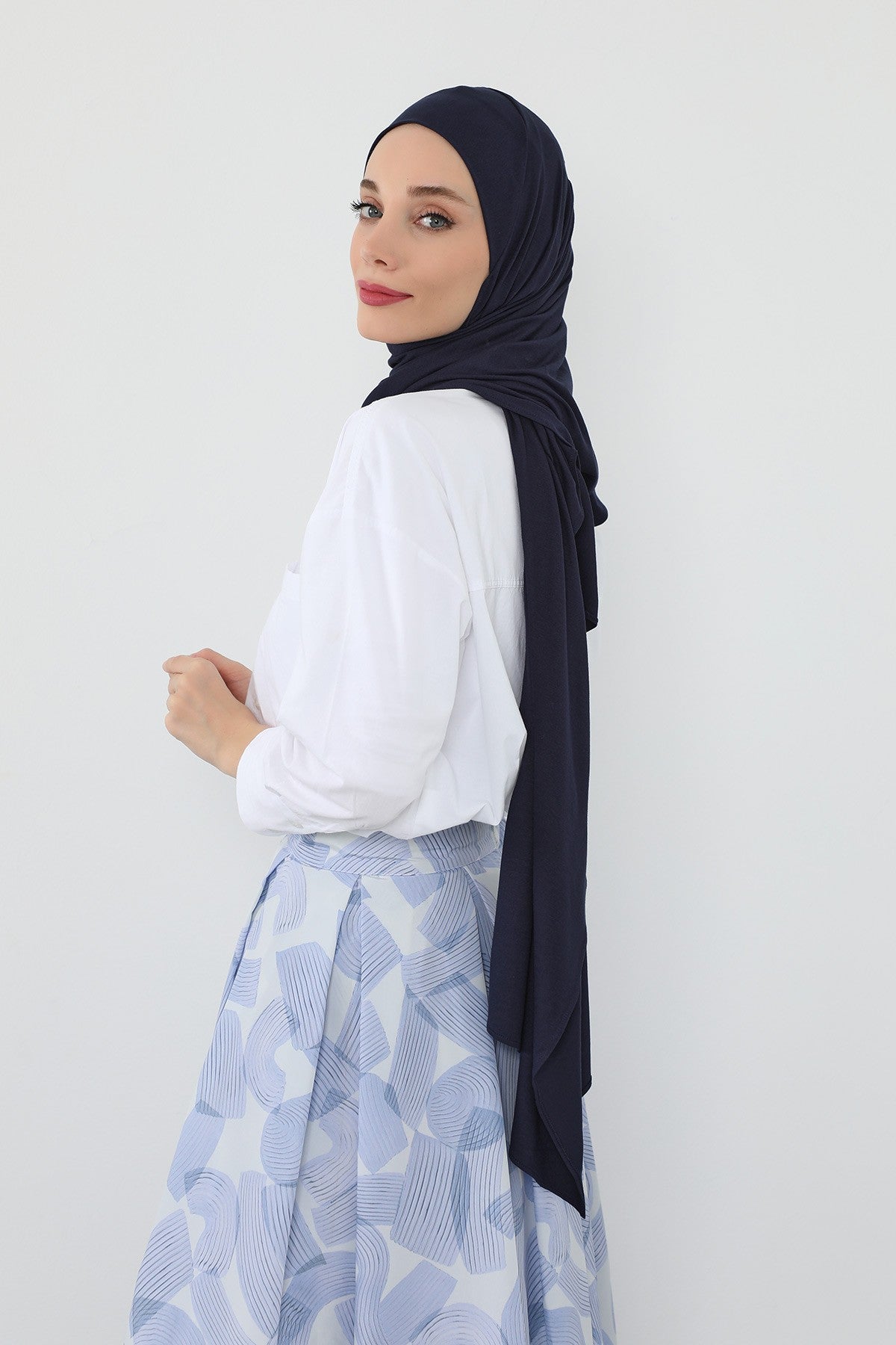 Neck-Covering Practical Jersey Hijab with Built-In Ninja Bonnet, Ready-to-Wear Hijab – Stretch Jersey Design with Integrated Undercap,PS-59 Navy Blue