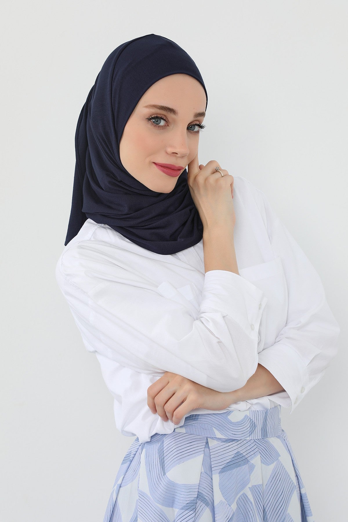 Neck-Covering Practical Jersey Hijab with Built-In Ninja Bonnet, Ready-to-Wear Hijab – Stretch Jersey Design with Integrated Undercap,PS-59 Navy Blue