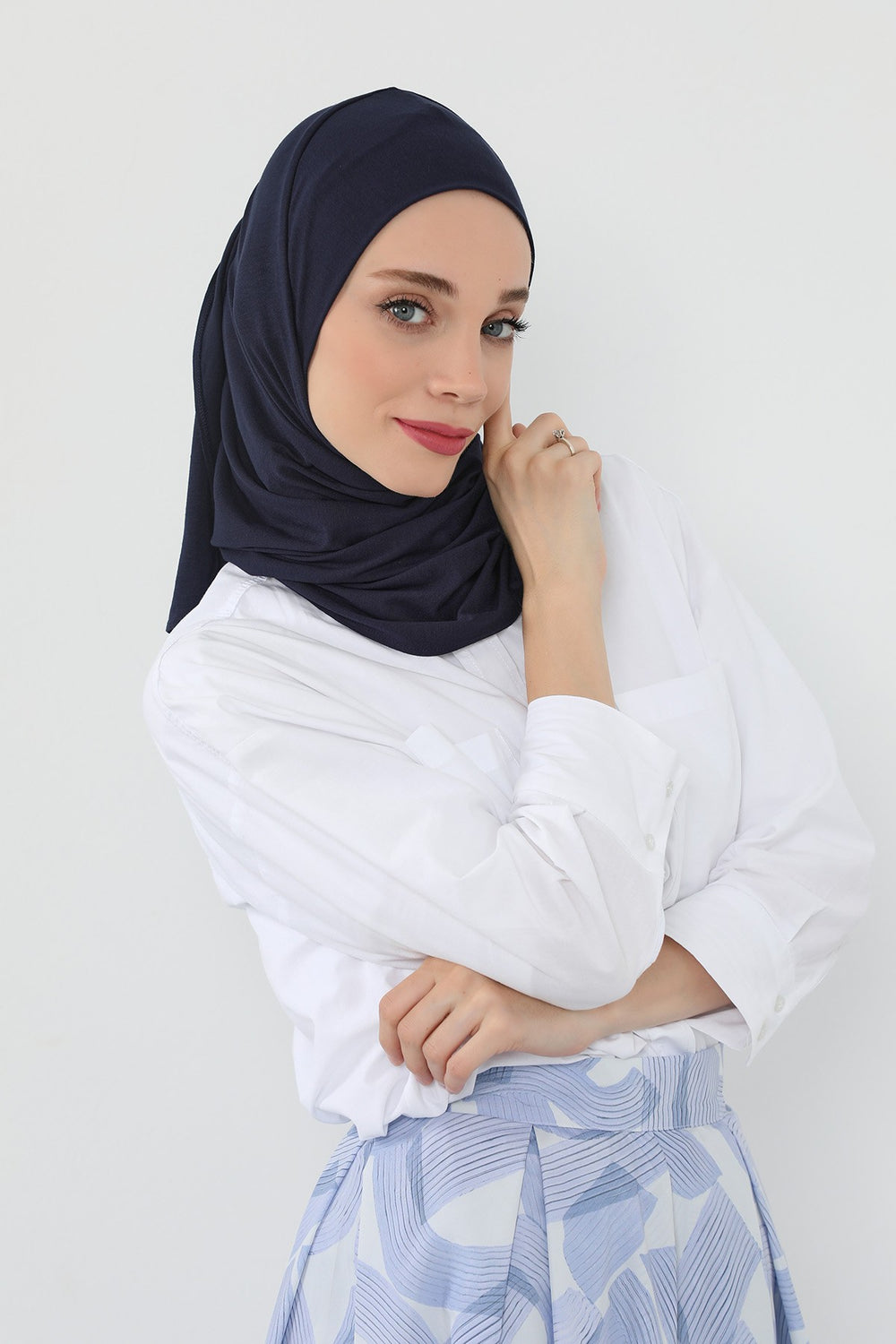Neck-Covering Practical Jersey Hijab with Built-In Ninja Bonnet, Ready-to-Wear Hijab – Stretch Jersey Design with Integrated Undercap,PS-59 Navy Blue