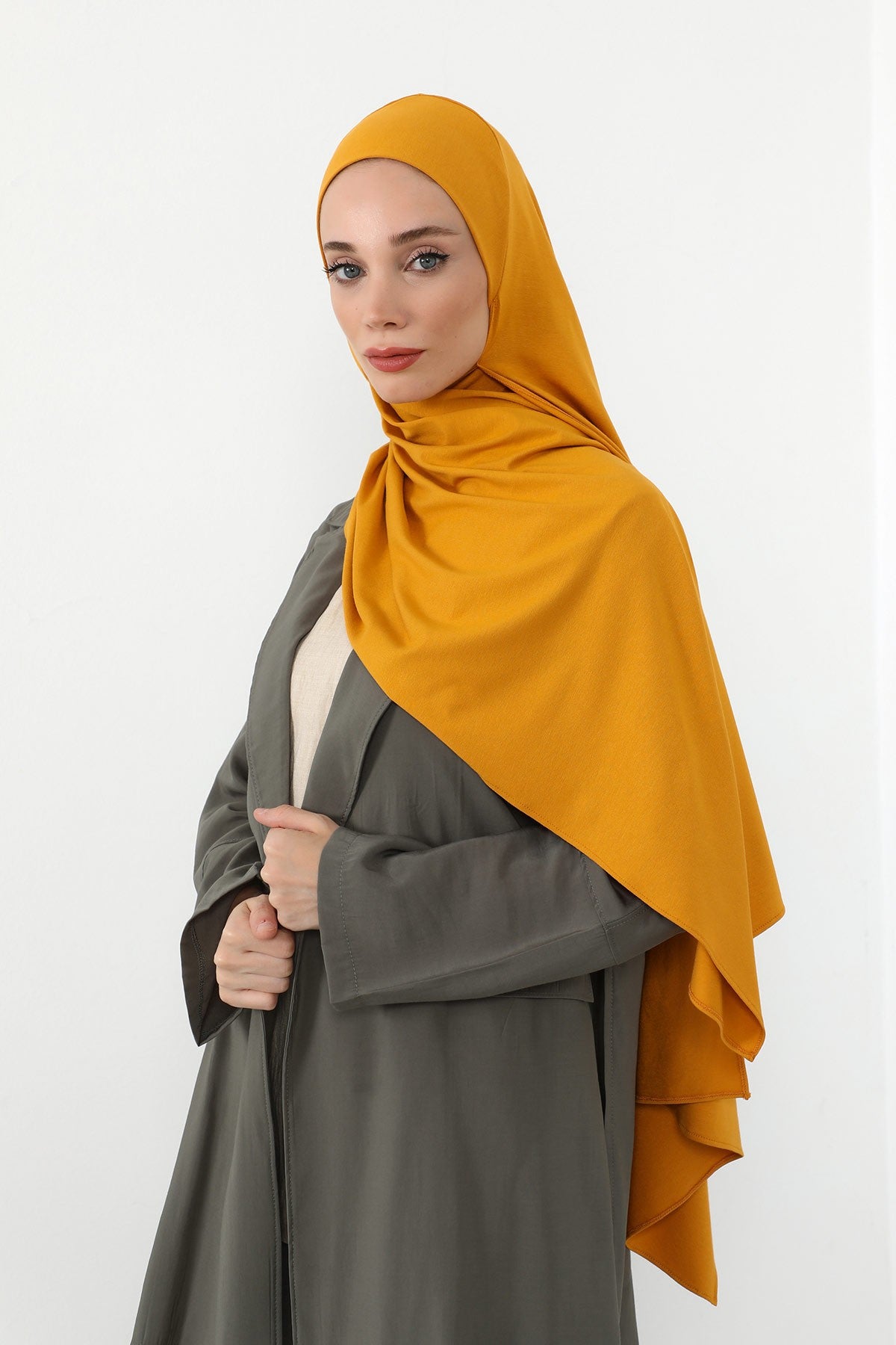 Neck-Covering Practical Jersey Hijab with Built-In Ninja Bonnet, Ready-to-Wear Hijab – Stretch Jersey Design with Integrated Undercap,PS-59 Mustard Yellow