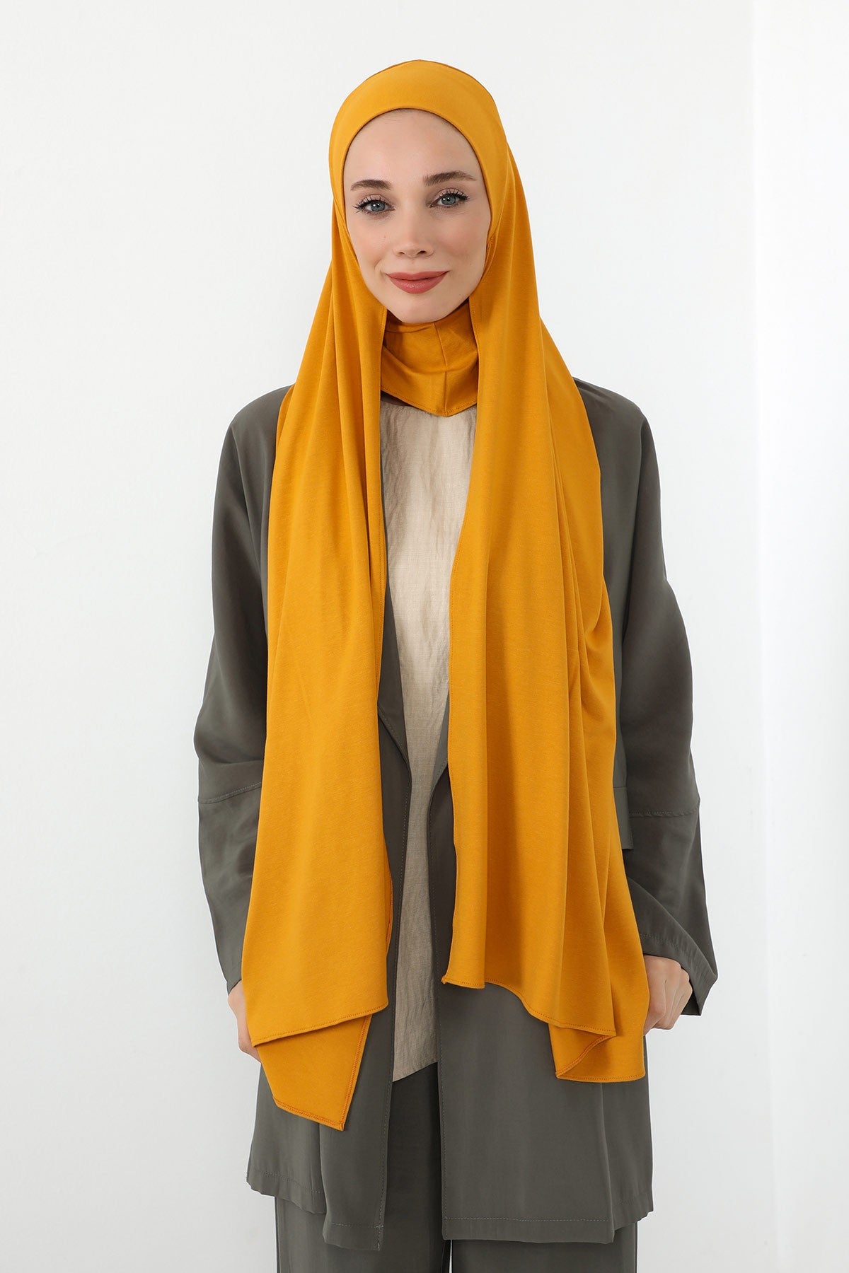 Neck-Covering Practical Jersey Hijab with Built-In Ninja Bonnet, Ready-to-Wear Hijab – Stretch Jersey Design with Integrated Undercap,PS-59 Mustard Yellow