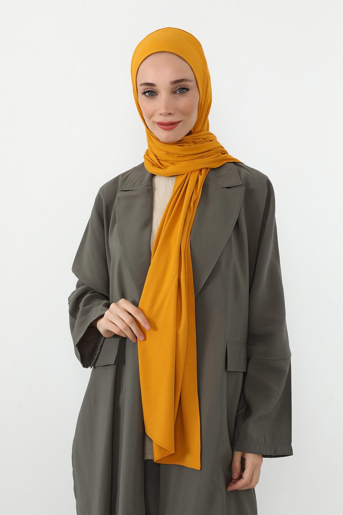 Neck-Covering Practical Jersey Hijab with Built-In Ninja Bonnet, Ready-to-Wear Hijab – Stretch Jersey Design with Integrated Undercap,PS-59 Mustard Yellow