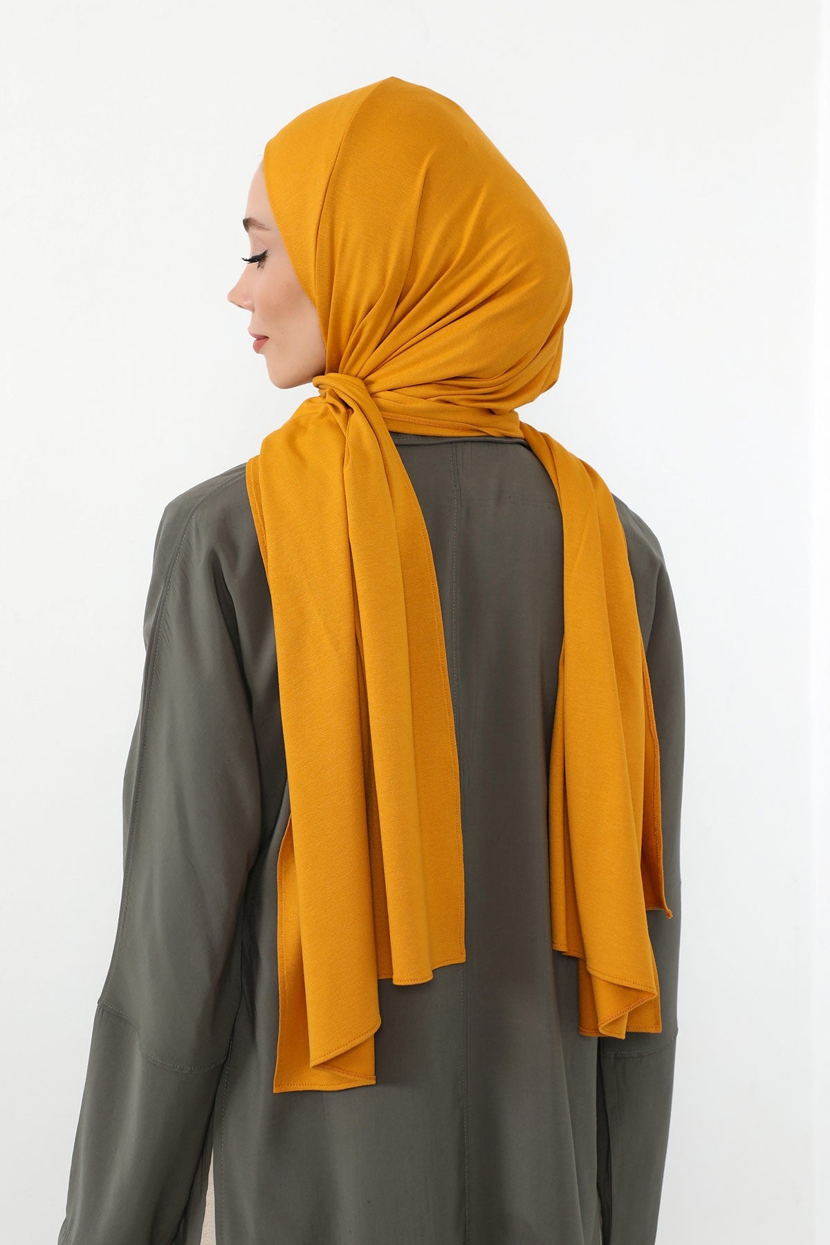 Neck-Covering Practical Jersey Hijab with Built-In Ninja Bonnet, Ready-to-Wear Hijab – Stretch Jersey Design with Integrated Undercap,PS-59 Mustard Yellow