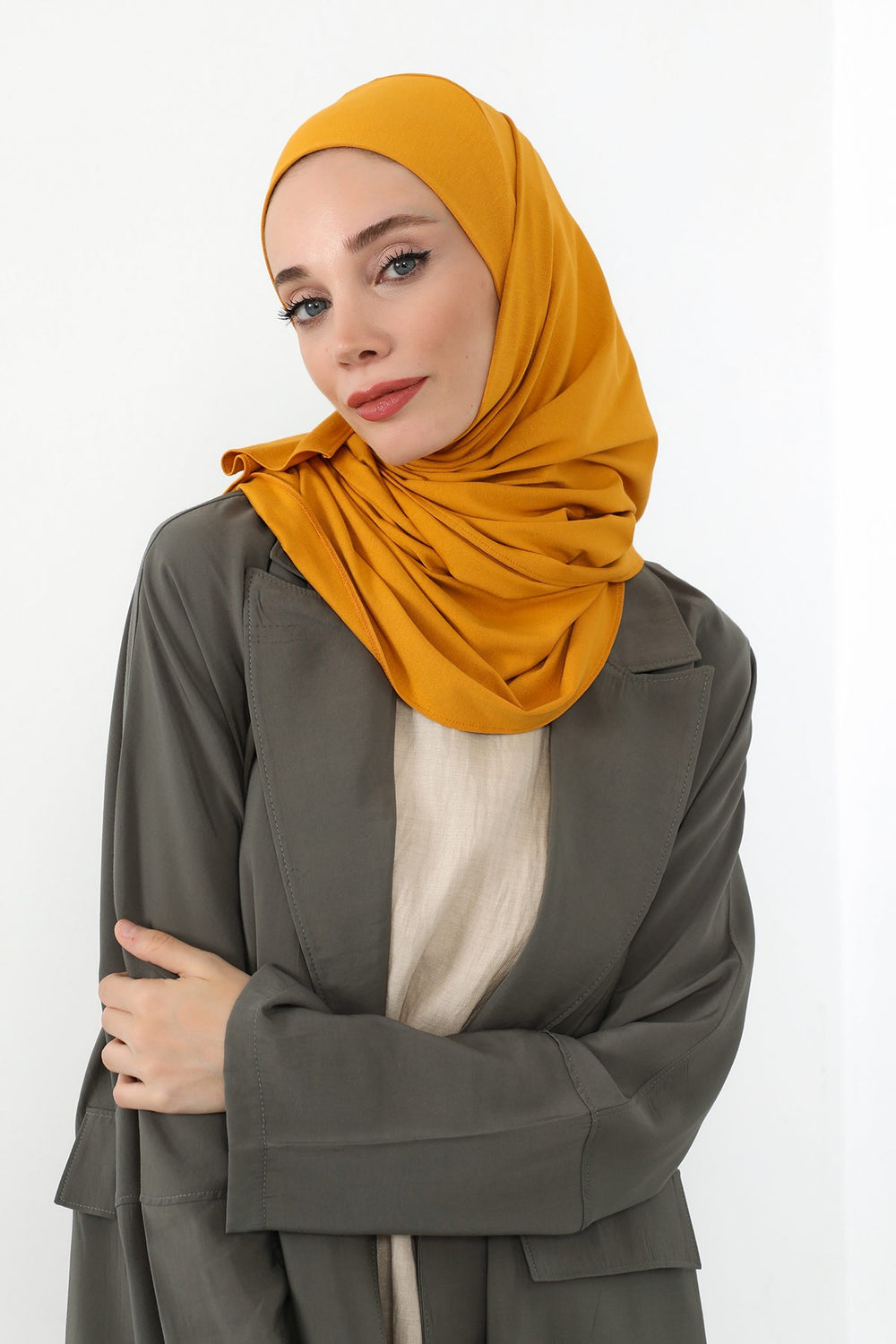 Neck-Covering Practical Jersey Hijab with Built-In Ninja Bonnet, Ready-to-Wear Hijab – Stretch Jersey Design with Integrated Undercap,PS-59 Mustard Yellow
