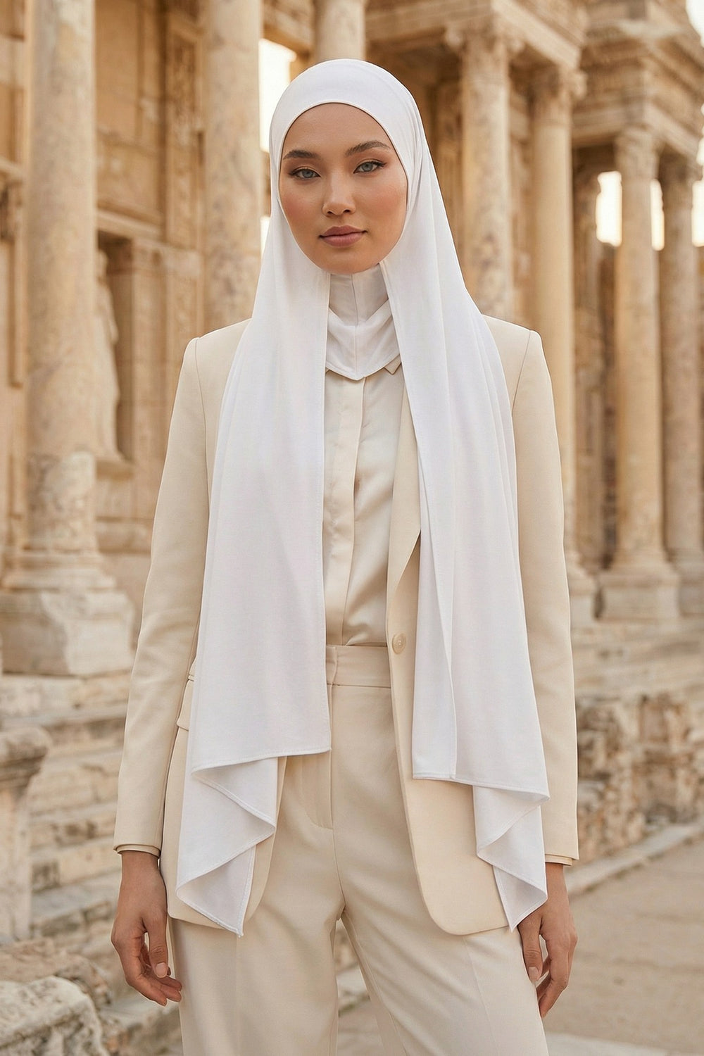 Neck-Covering Practical Jersey Hijab with Built-In Ninja Bonnet, Ready-to-Wear Hijab – Stretch Jersey Design with Integrated Undercap,PS-59 White