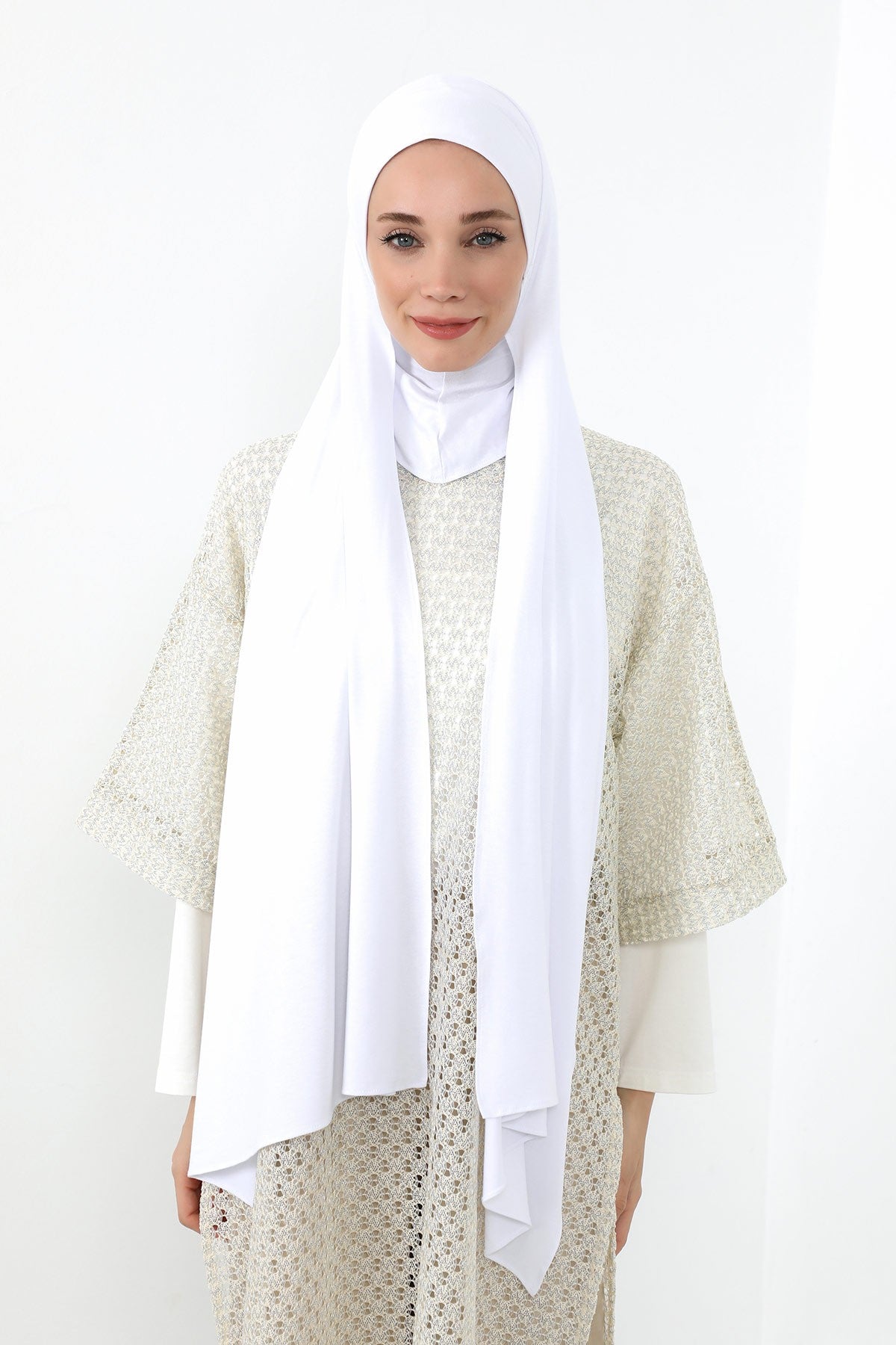 Neck-Covering Practical Jersey Hijab with Built-In Ninja Bonnet, Ready-to-Wear Hijab – Stretch Jersey Design with Integrated Undercap,PS-59 White