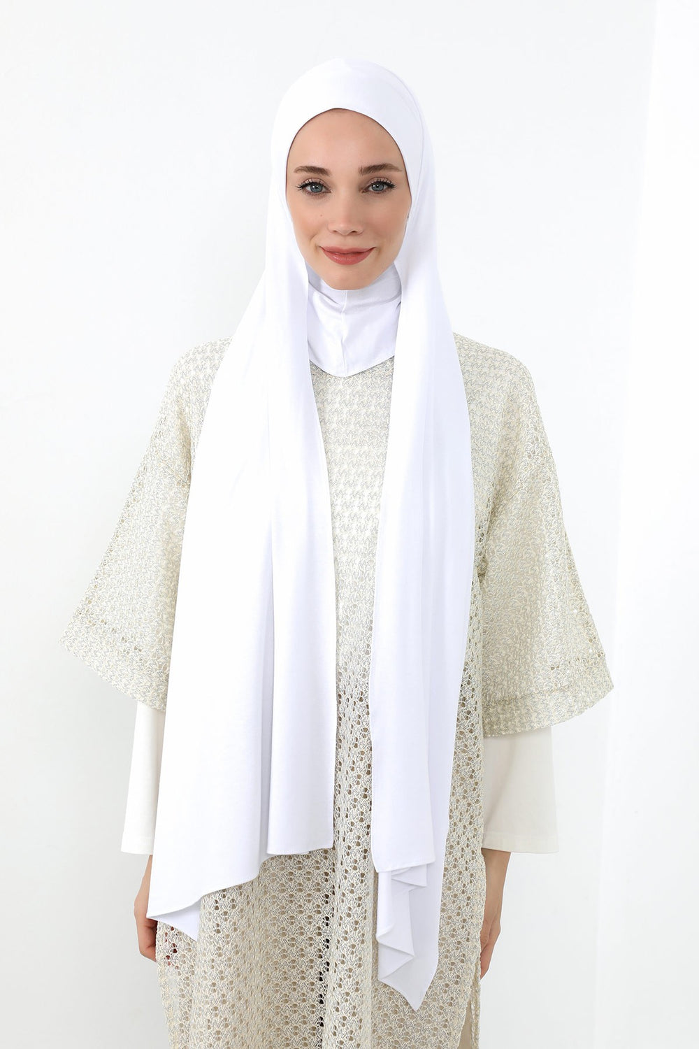 Neck-Covering Practical Jersey Hijab with Built-In Ninja Bonnet, Ready-to-Wear Hijab – Stretch Jersey Design with Integrated Undercap,PS-59 White