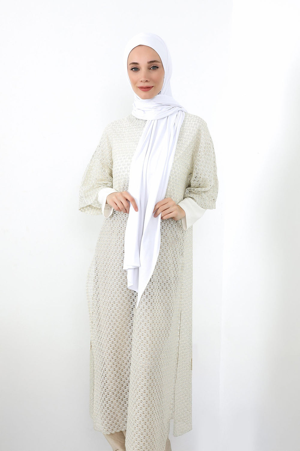 Neck-Covering Practical Jersey Hijab with Built-In Ninja Bonnet, Ready-to-Wear Hijab – Stretch Jersey Design with Integrated Undercap,PS-59 White