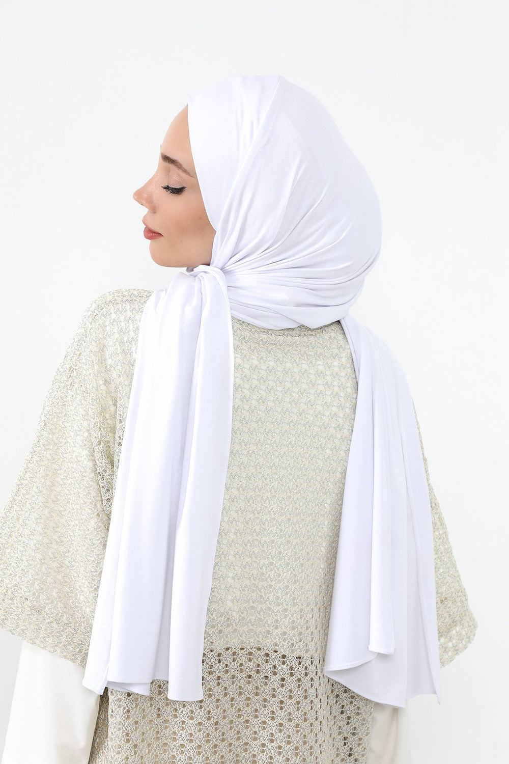 Neck-Covering Practical Jersey Hijab with Built-In Ninja Bonnet, Ready-to-Wear Hijab – Stretch Jersey Design with Integrated Undercap,PS-59 White