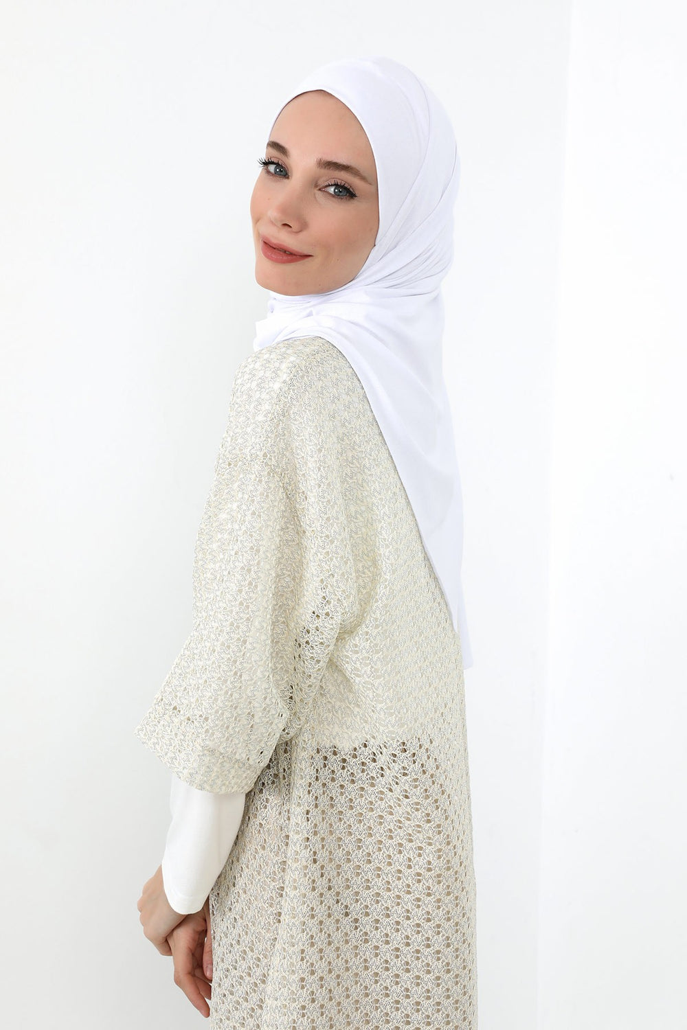 Neck-Covering Practical Jersey Hijab with Built-In Ninja Bonnet, Ready-to-Wear Hijab – Stretch Jersey Design with Integrated Undercap,PS-59 White