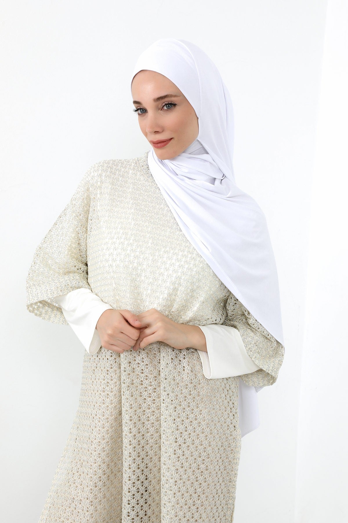 Neck-Covering Practical Jersey Hijab with Built-In Ninja Bonnet, Ready-to-Wear Hijab – Stretch Jersey Design with Integrated Undercap,PS-59 White