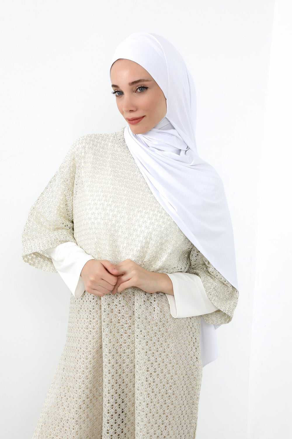 Neck-Covering Practical Jersey Hijab with Built-In Ninja Bonnet, Ready-to-Wear Hijab – Stretch Jersey Design with Integrated Undercap,PS-59 White