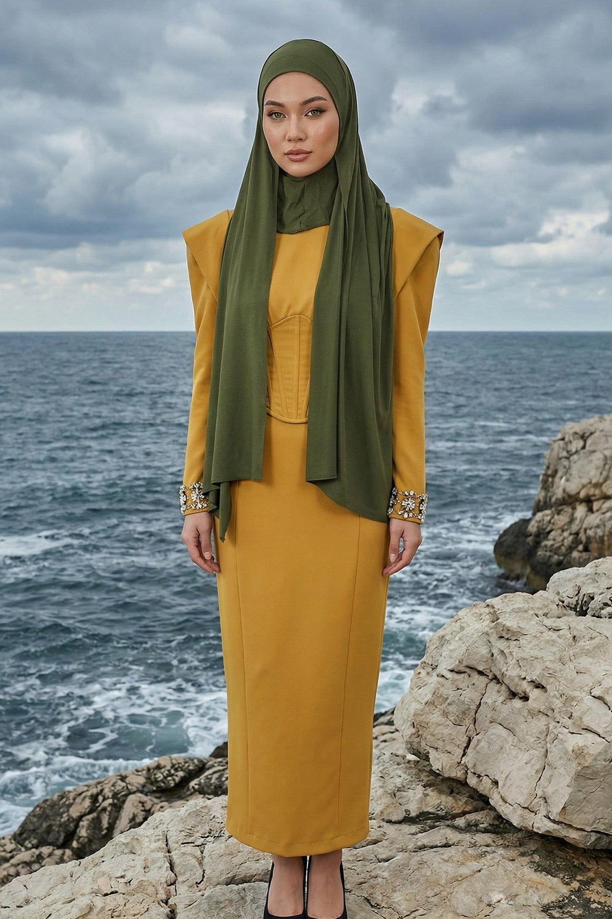 Neck-Covering Practical Jersey Hijab with Built-In Ninja Bonnet, Ready-to-Wear Hijab – Stretch Jersey Design with Integrated Undercap,PS-59 Army Green