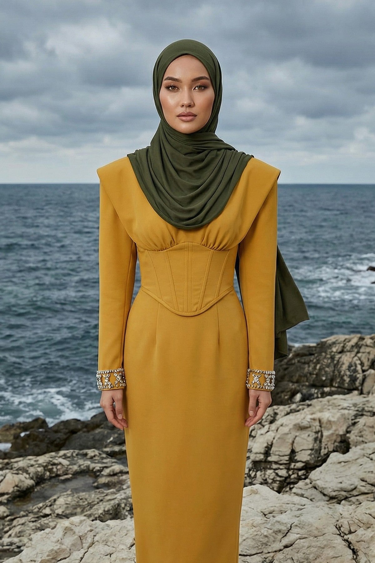Neck-Covering Practical Jersey Hijab with Built-In Ninja Bonnet, Ready-to-Wear Hijab – Stretch Jersey Design with Integrated Undercap,PS-59 Army Green