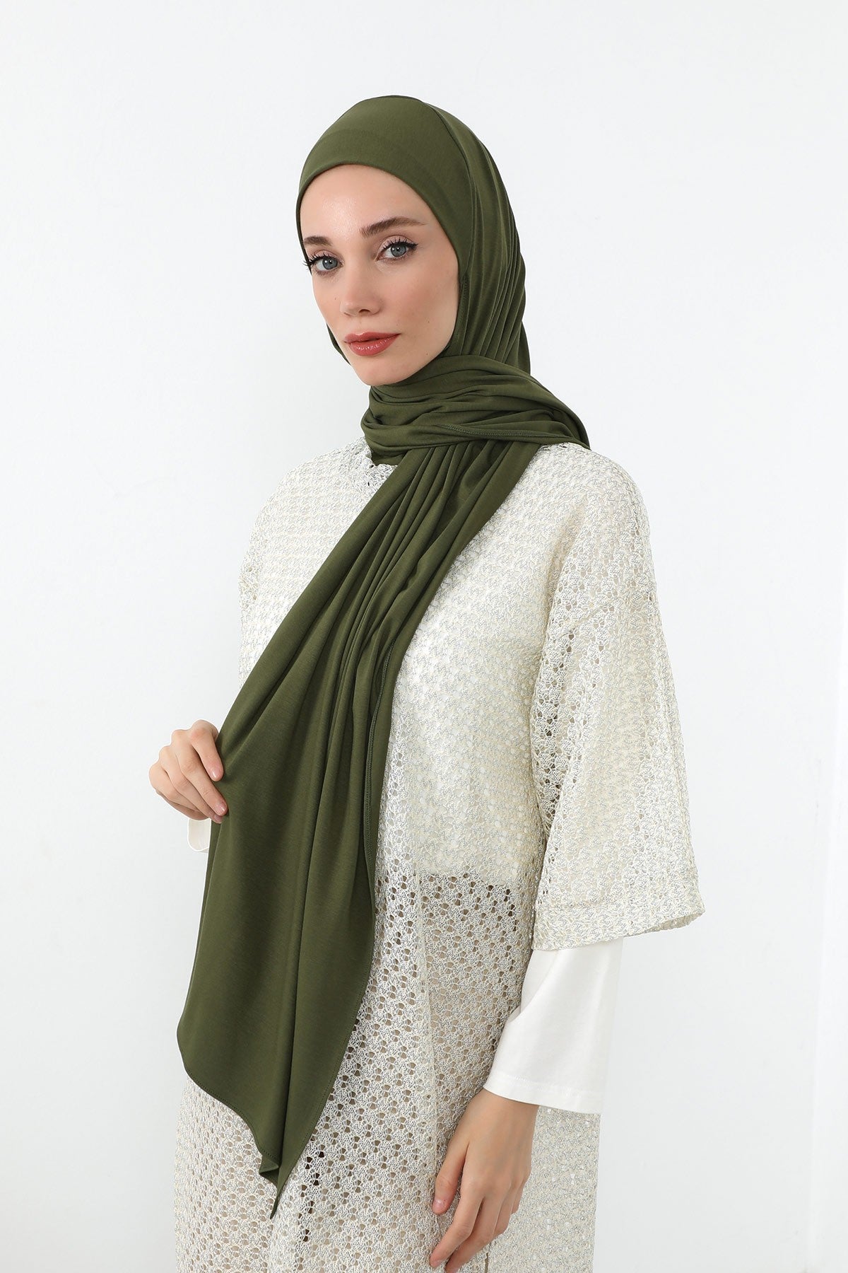 Neck-Covering Practical Jersey Hijab with Built-In Ninja Bonnet, Ready-to-Wear Hijab – Stretch Jersey Design with Integrated Undercap,PS-59 Army Green