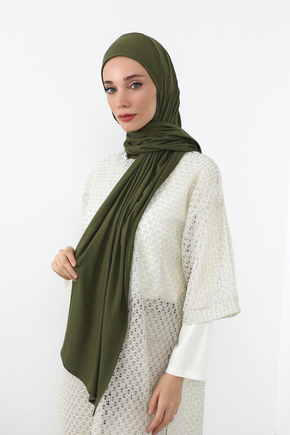 Neck-Covering Practical Jersey Hijab with Built-In Ninja Bonnet, Ready-to-Wear Hijab – Stretch Jersey Design with Integrated Undercap,PS-59 Army Green