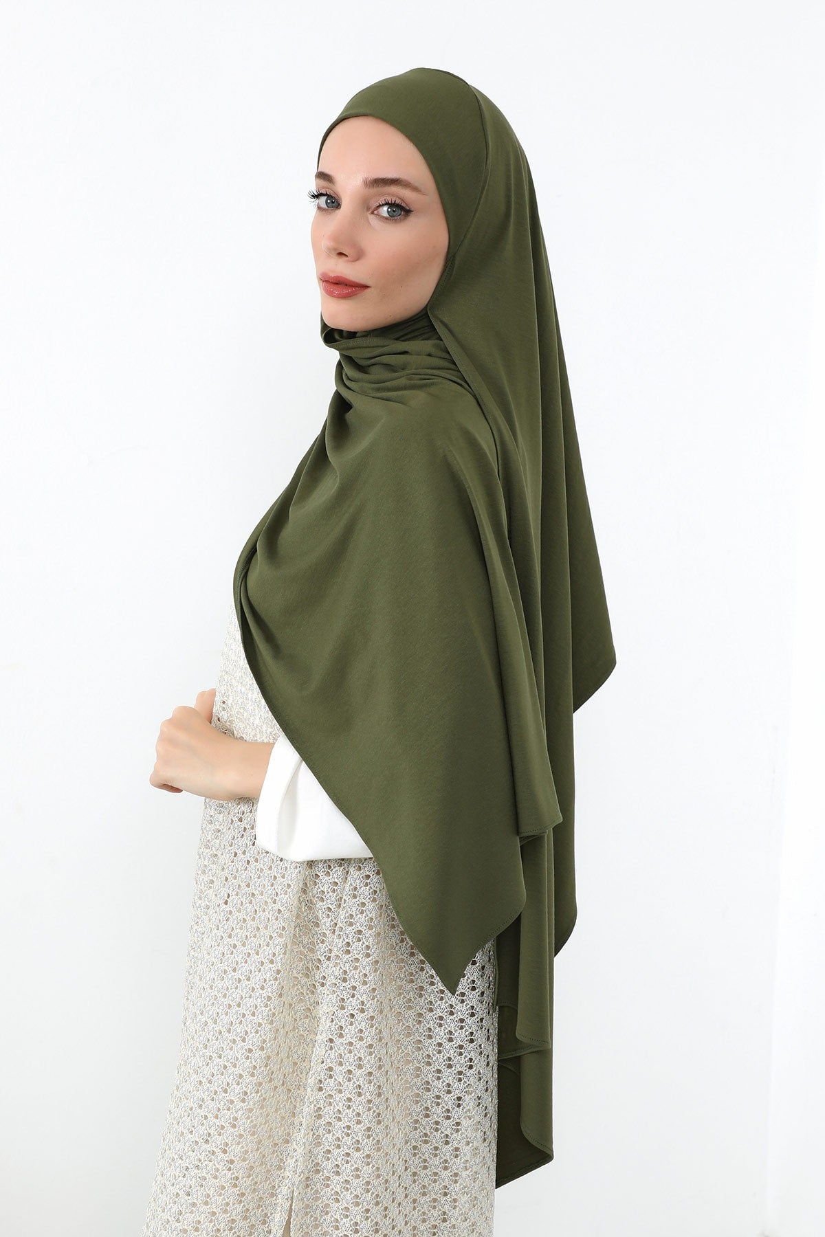 Neck-Covering Practical Jersey Hijab with Built-In Ninja Bonnet, Ready-to-Wear Hijab – Stretch Jersey Design with Integrated Undercap,PS-59 Army Green