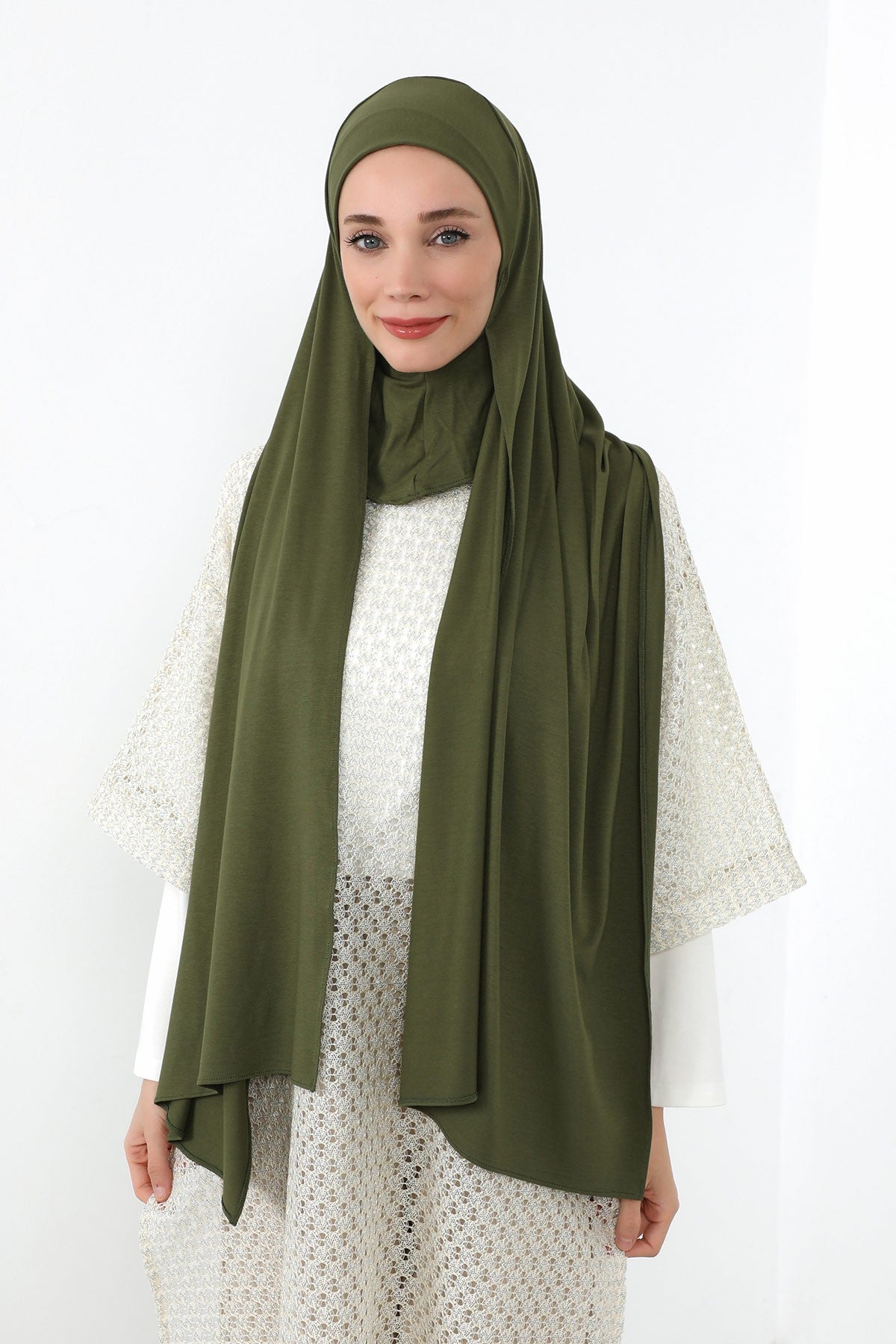 Neck-Covering Practical Jersey Hijab with Built-In Ninja Bonnet, Ready-to-Wear Hijab – Stretch Jersey Design with Integrated Undercap,PS-59 Army Green