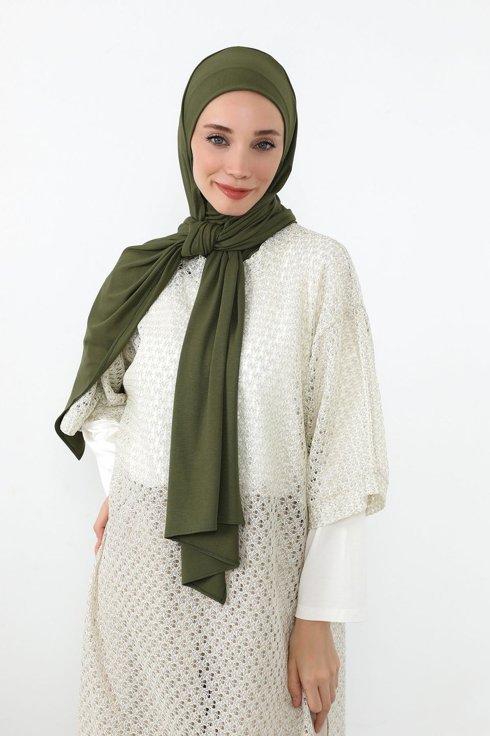 Neck-Covering Practical Jersey Hijab with Built-In Ninja Bonnet, Ready-to-Wear Hijab – Stretch Jersey Design with Integrated Undercap,PS-59 Army Green